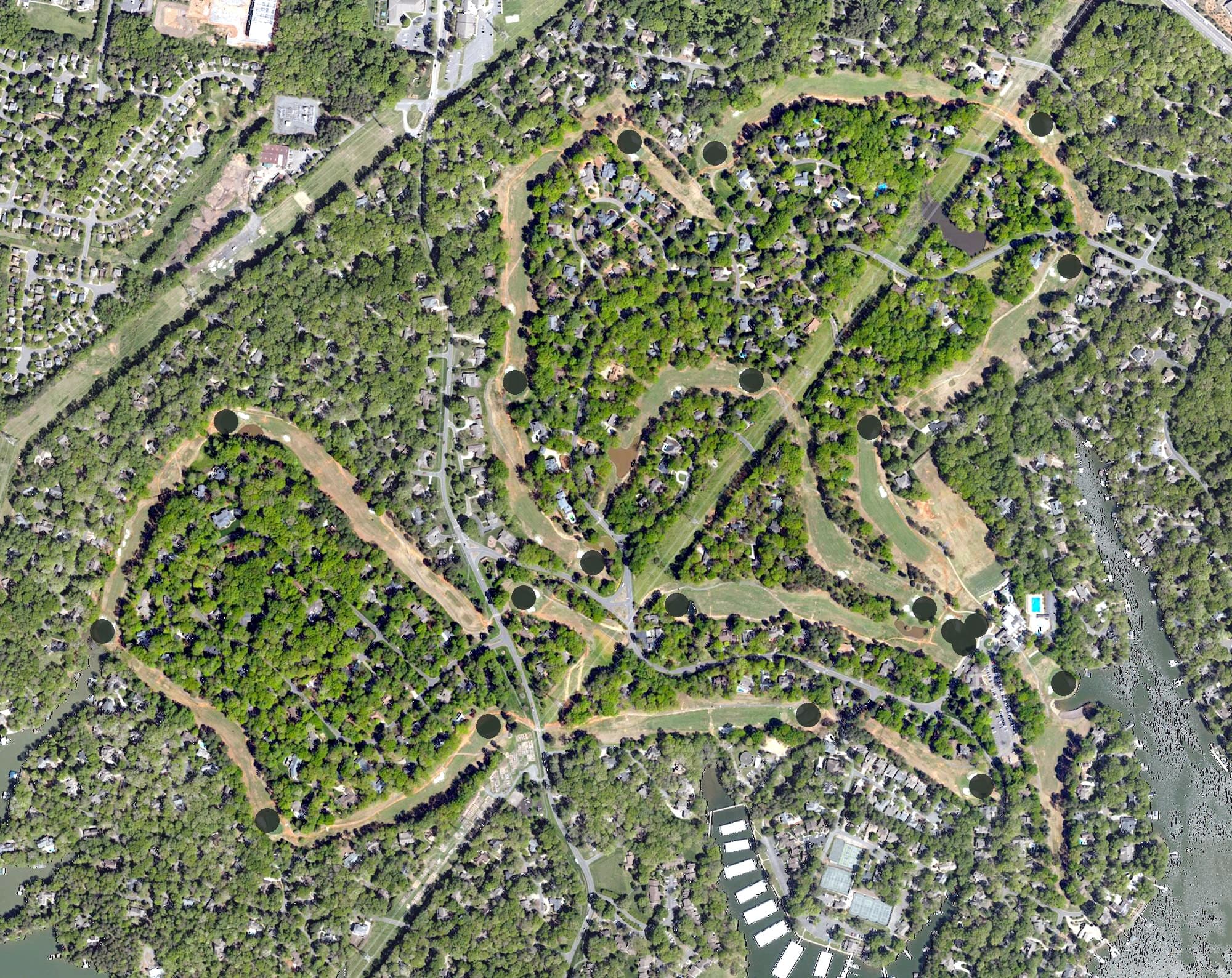 Aerial view of River Hills Country Club, SC, with its hole routing marked