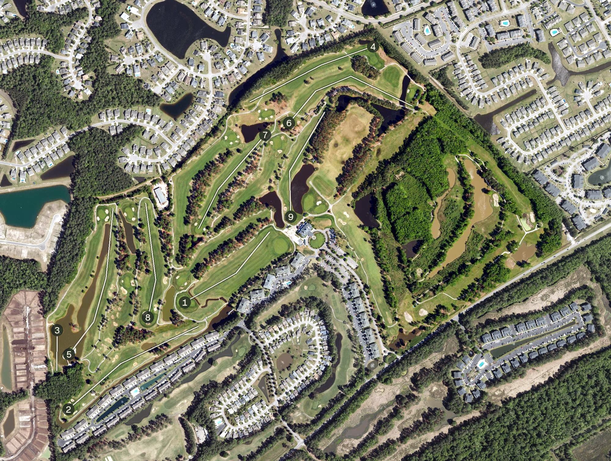 Aerial view of River Oaks Golf Plantation, SC, with its hole routing marked
