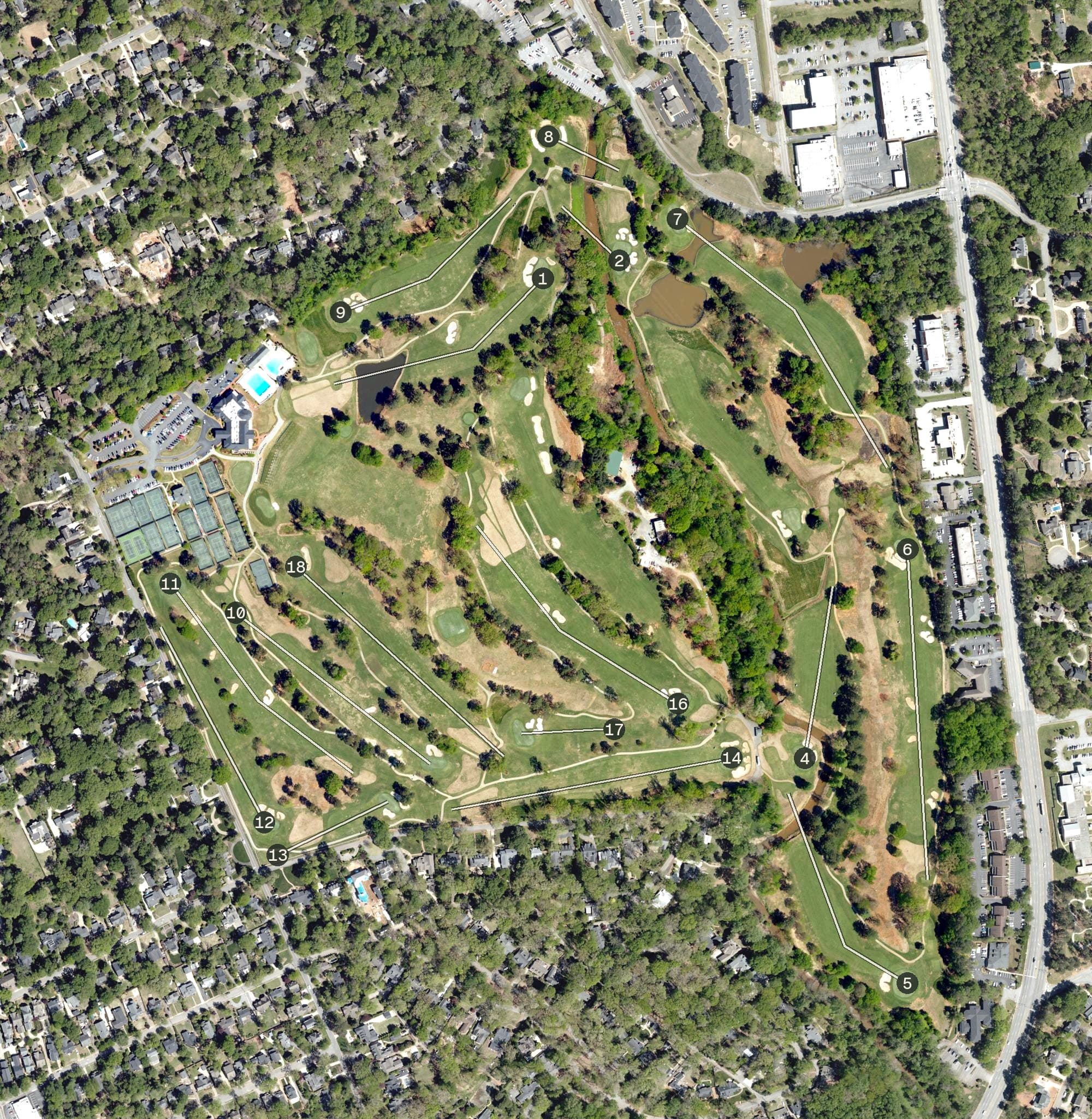 Aerial view of Riverside Golf Course, SC, with its hole routing marked