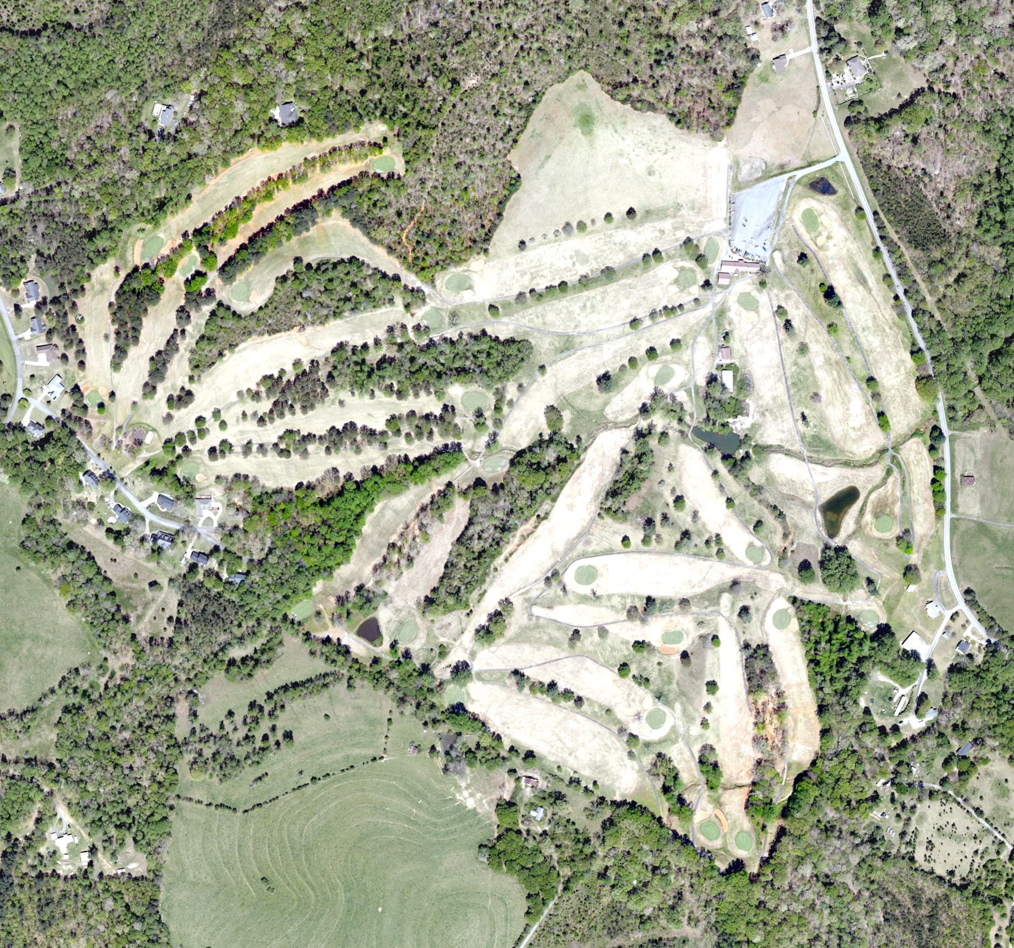 Aerial view of Rolling Green Golf Course, SC, with its hole routing marked