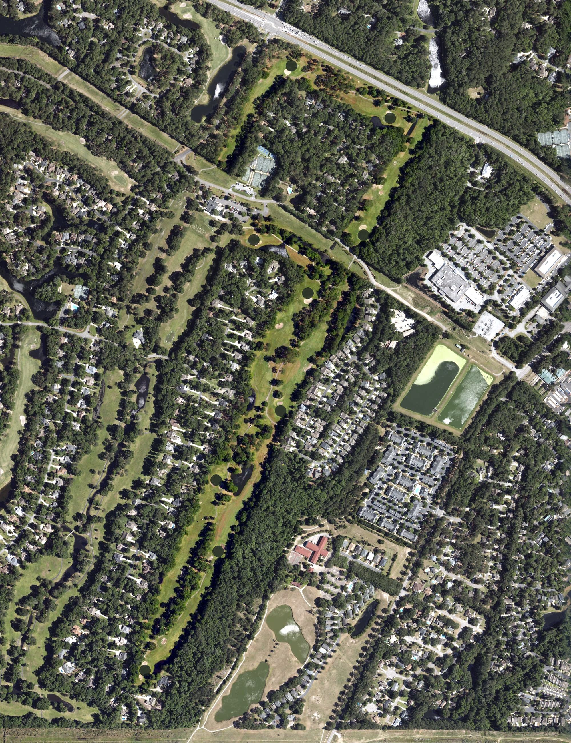 Aerial view of Rose Hill Golf Club, SC, with its hole routing marked