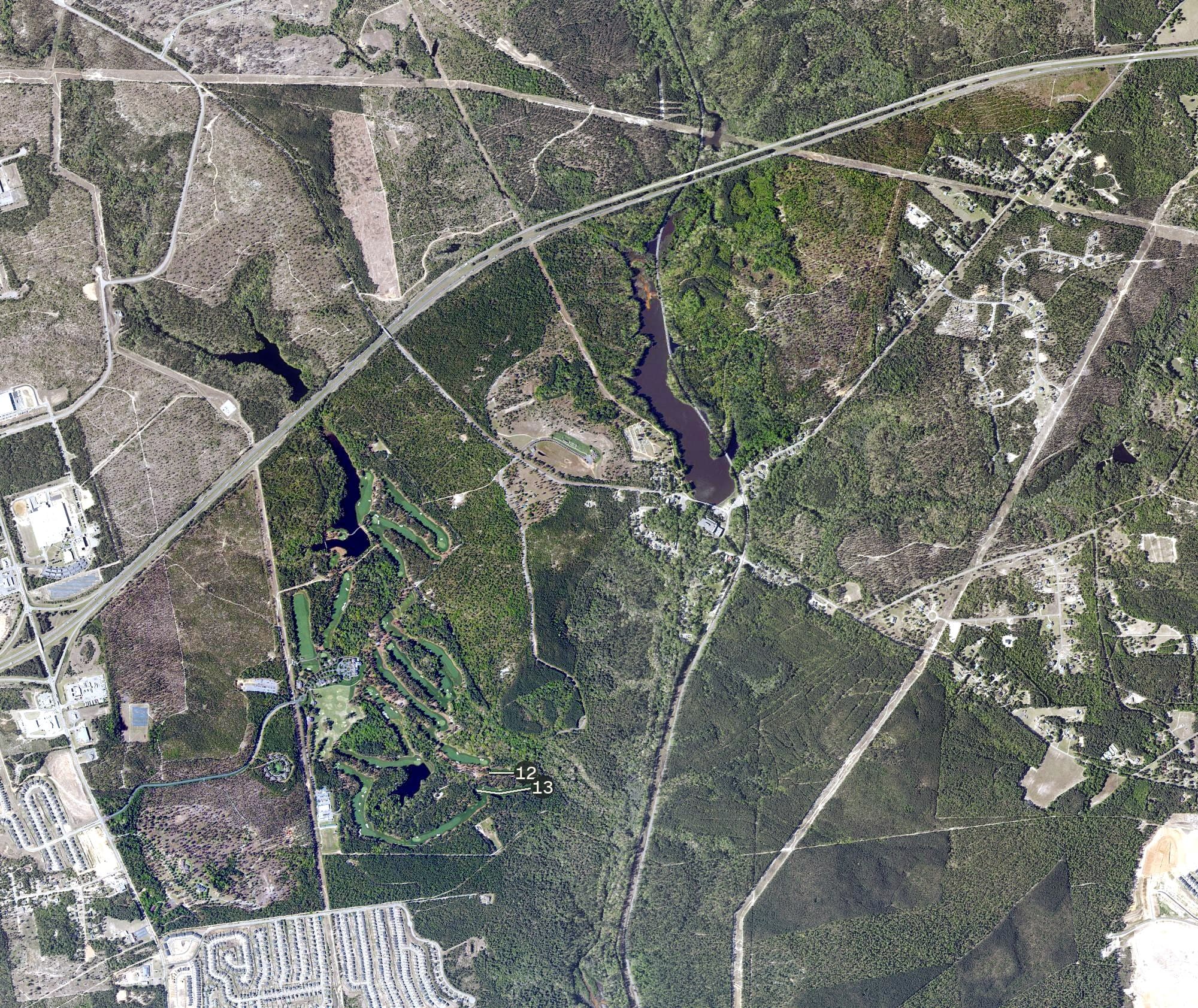 Aerial view of Sage Valley Golf Club, SC, with its hole routing marked