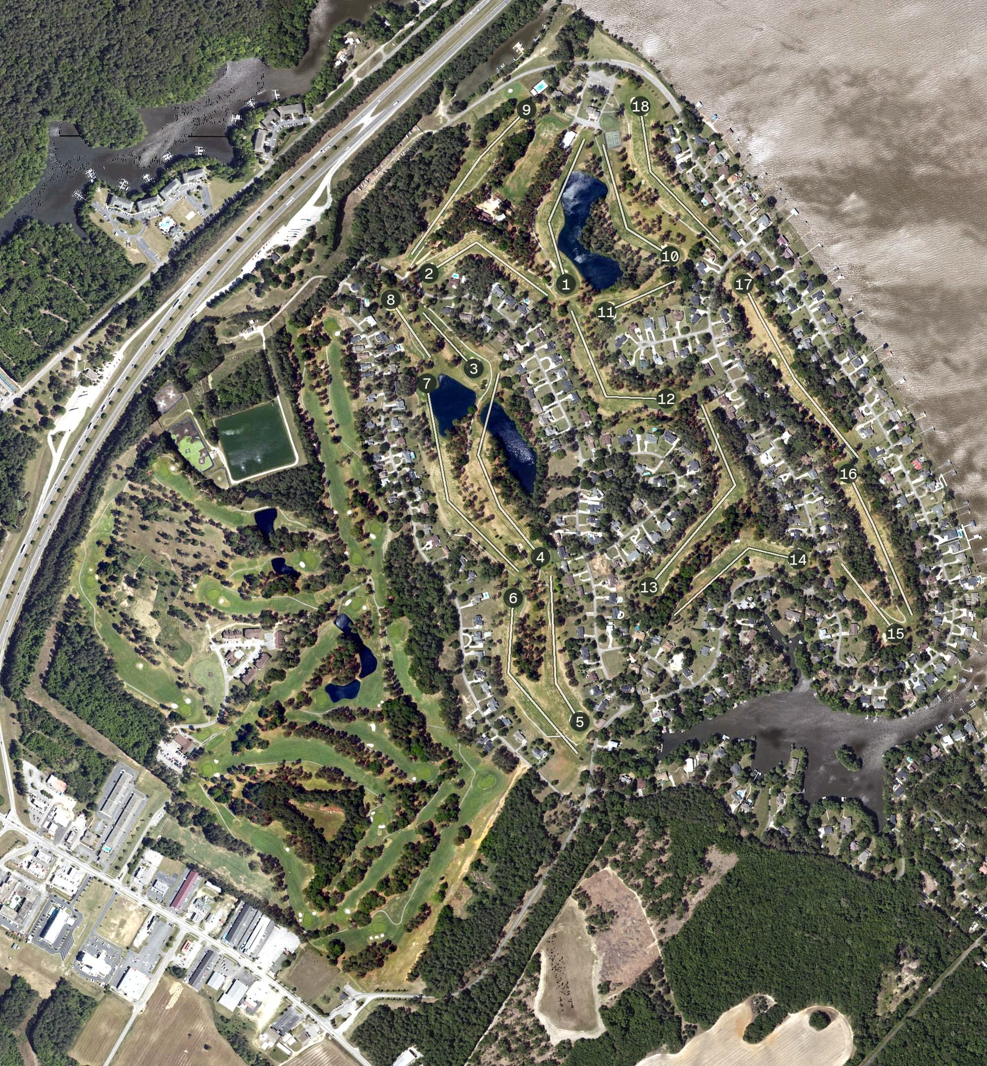 Aerial view of Santee Cooper Country Club, SC, with its hole routing marked