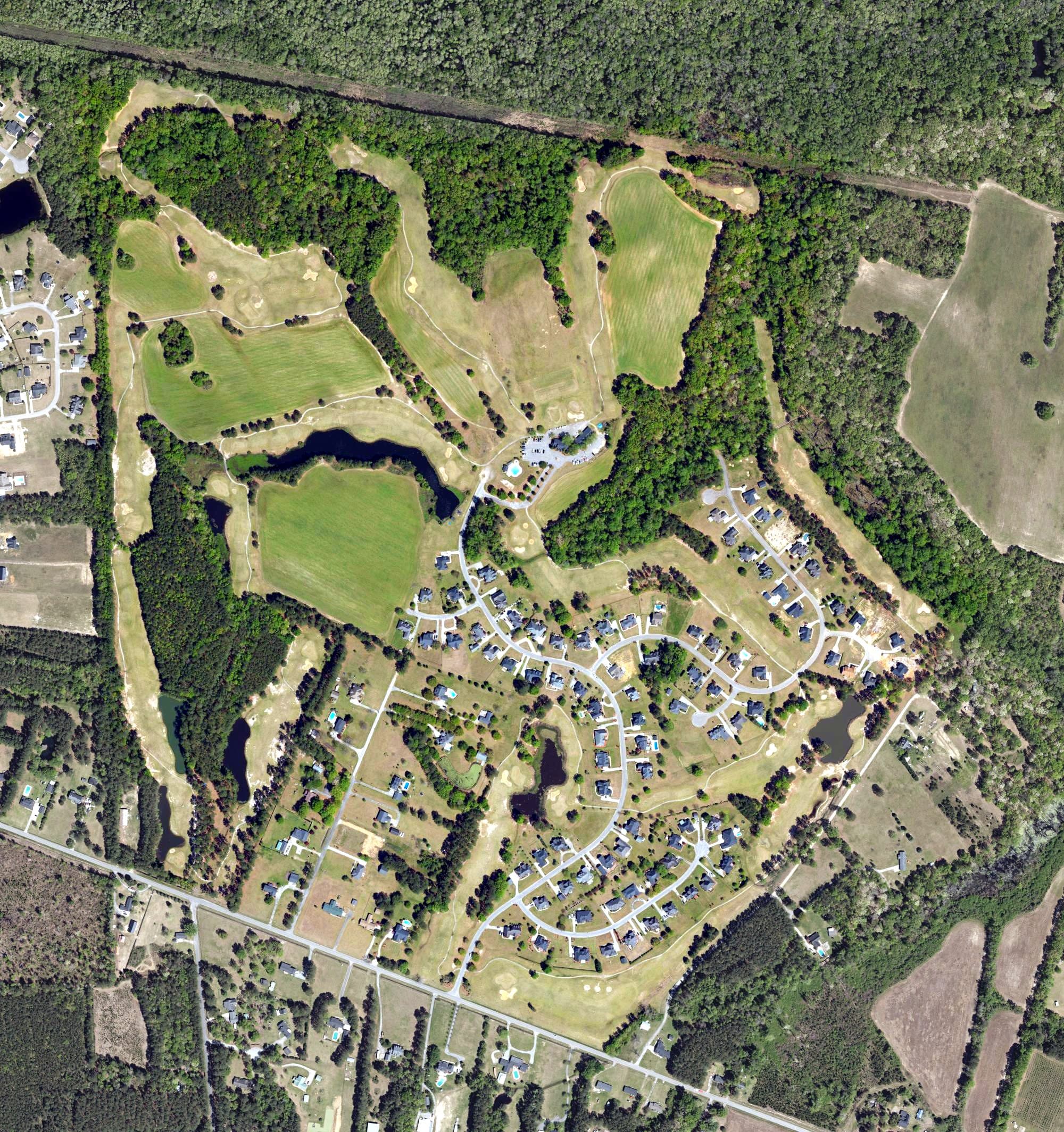 Aerial view of Shadow Creek, SC, with its hole routing marked