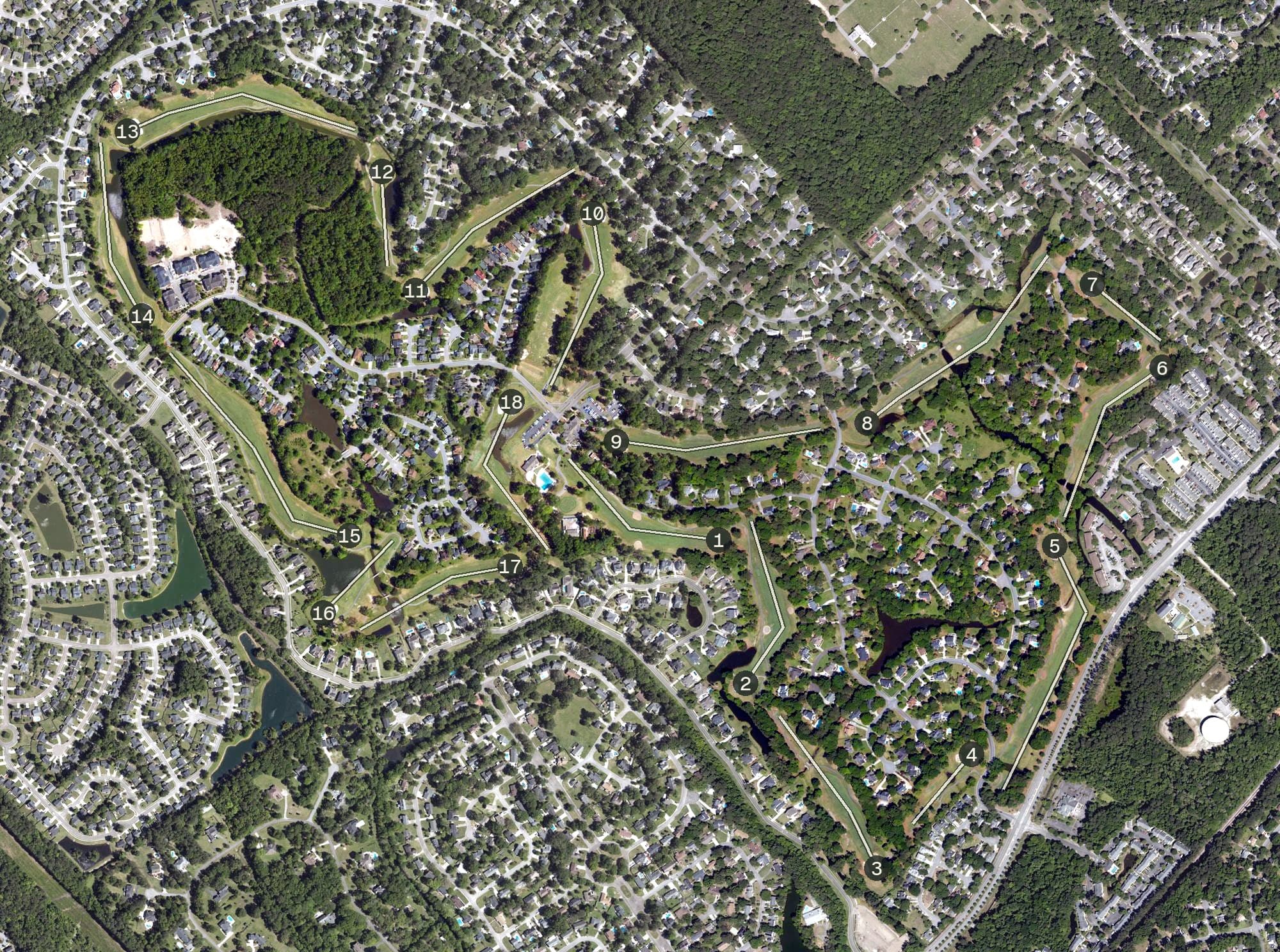 Aerial view of Shadowmoss Golf & Country Club, SC, with its hole routing marked