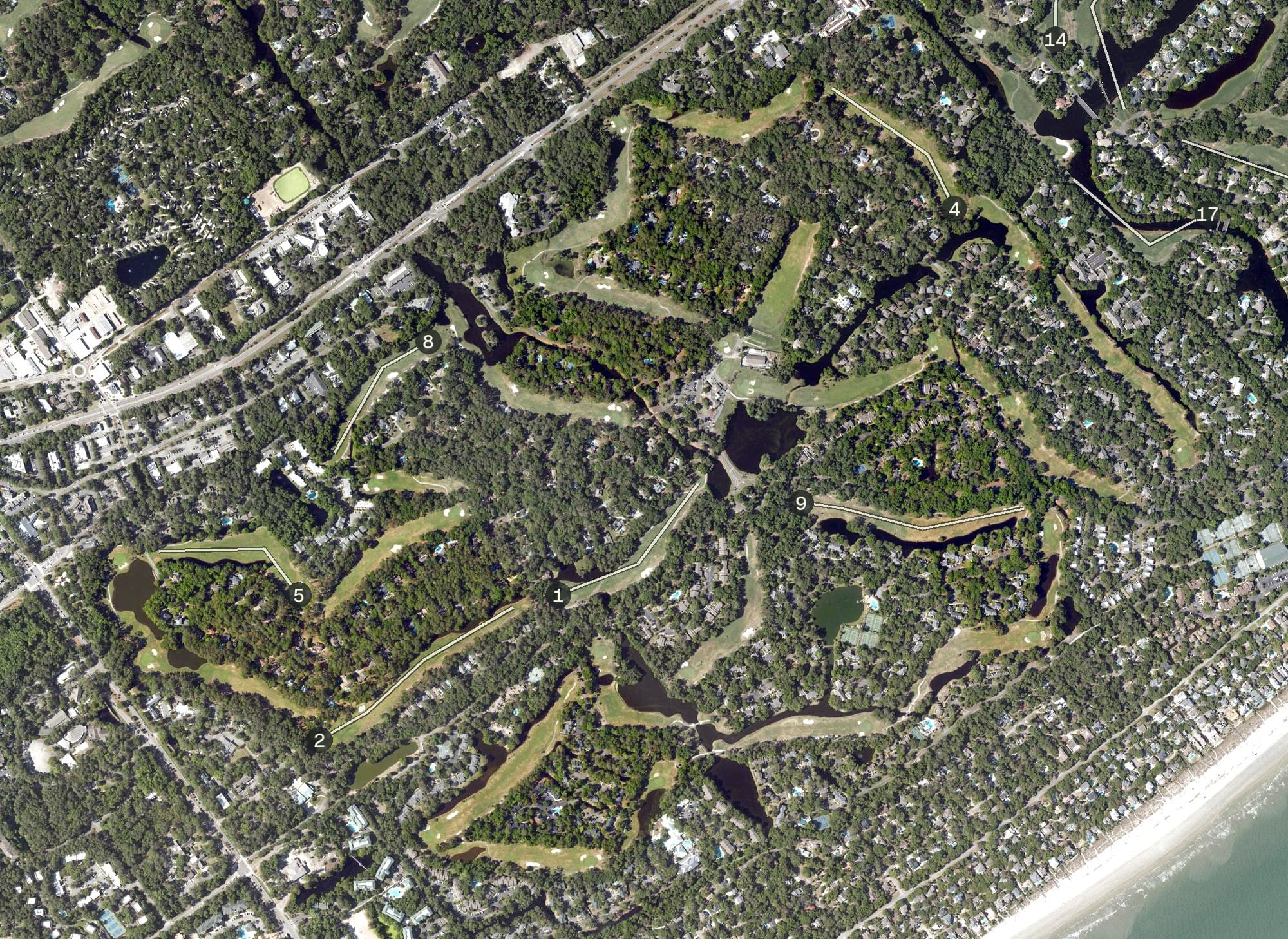 Aerial view of Shipyard Golf Club, SC, with its hole routing marked