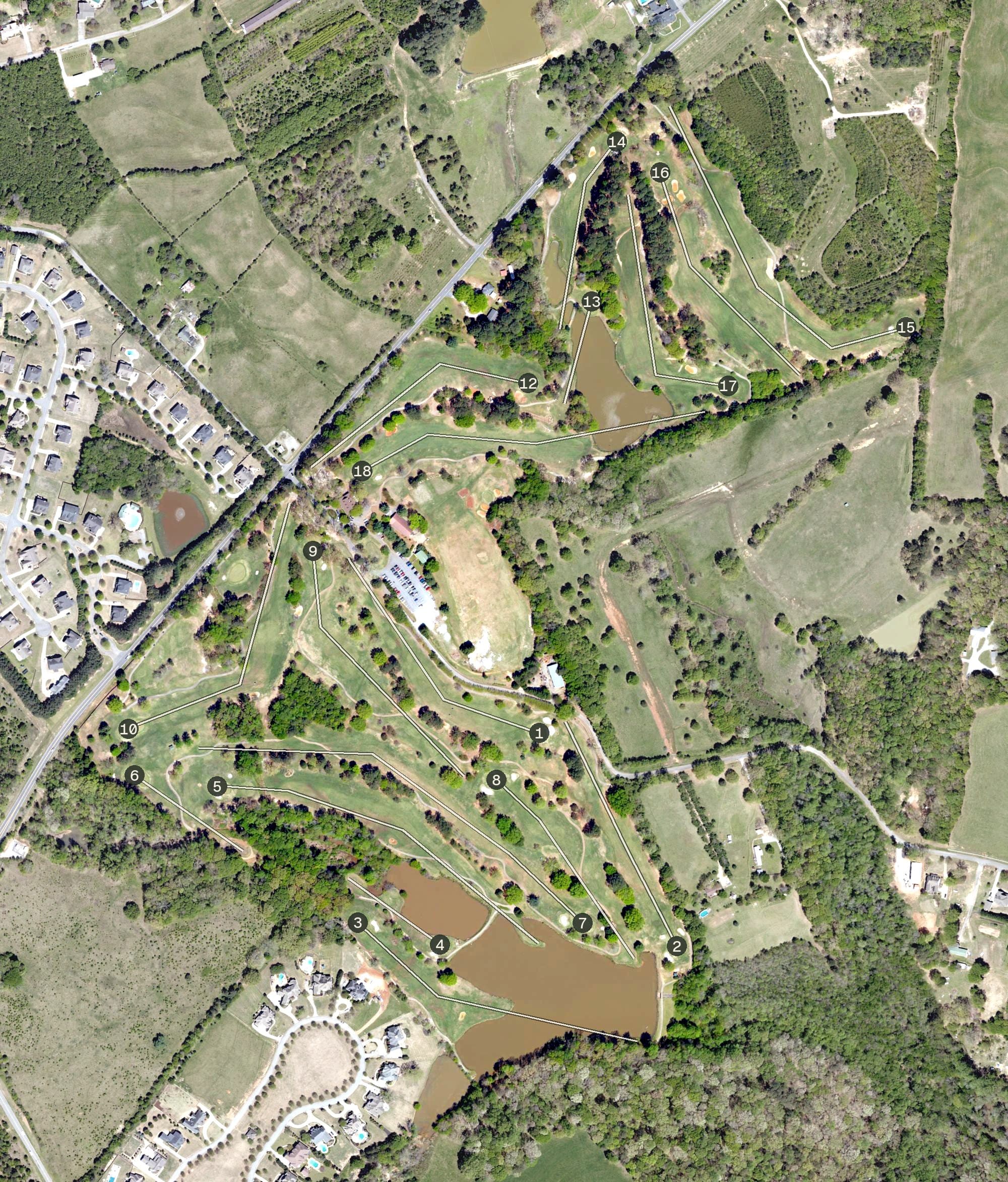 Aerial view of Southern Oaks, SC, with its hole routing marked
