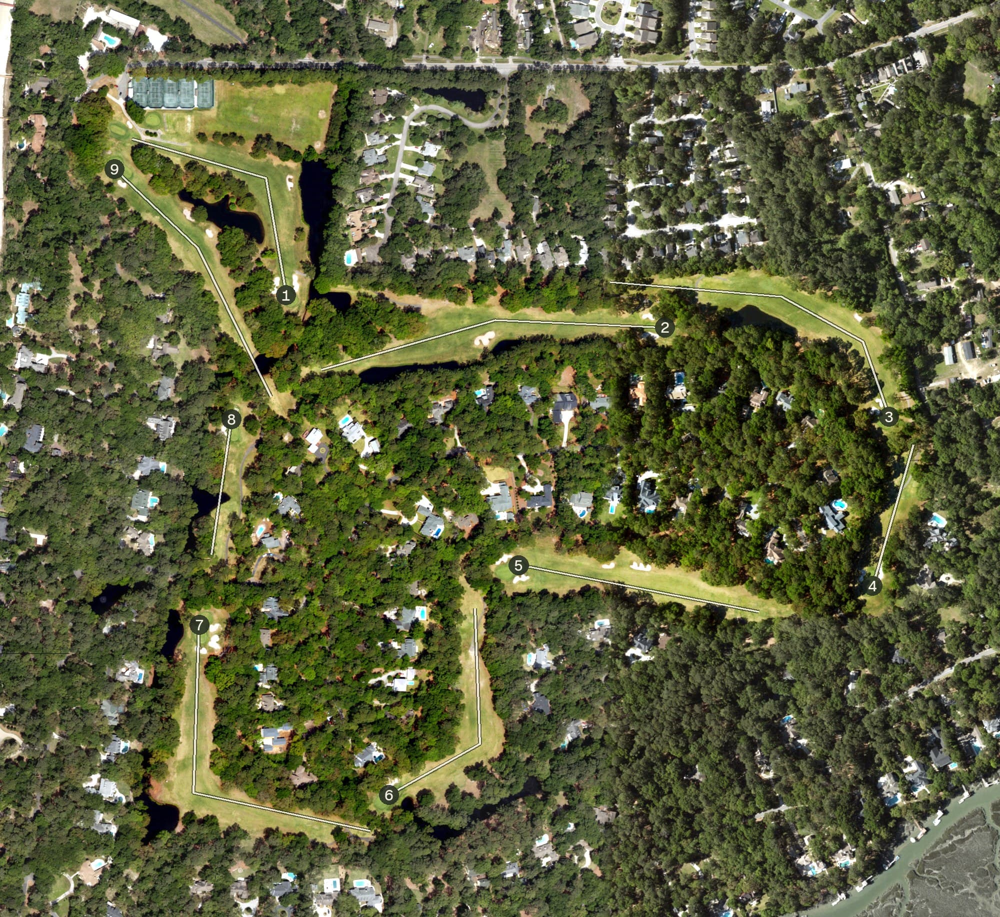 Aerial view of Spanish Wells Golf Club, SC, with its hole routing marked
