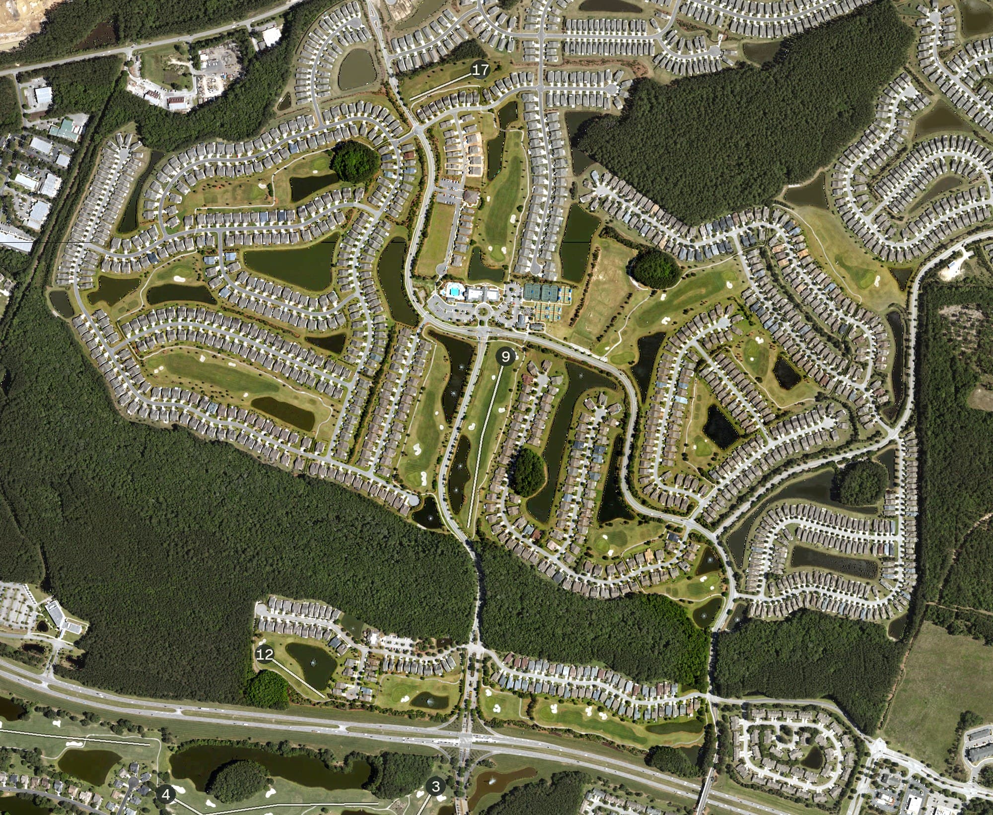 Aerial view of Sun City - Argent Lakes Golf Course, SC, with its hole routing marked