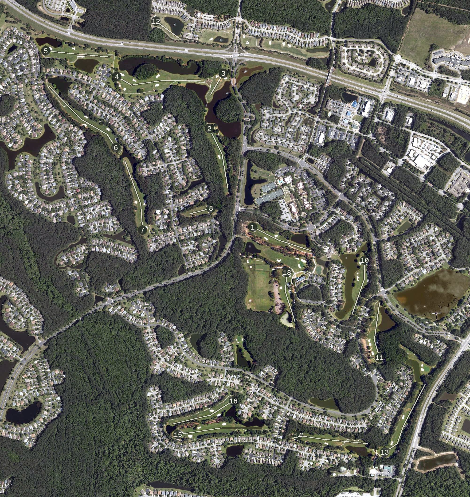 Aerial view of Sun City - Okatie Creek Golf Club, SC, with its hole routing marked