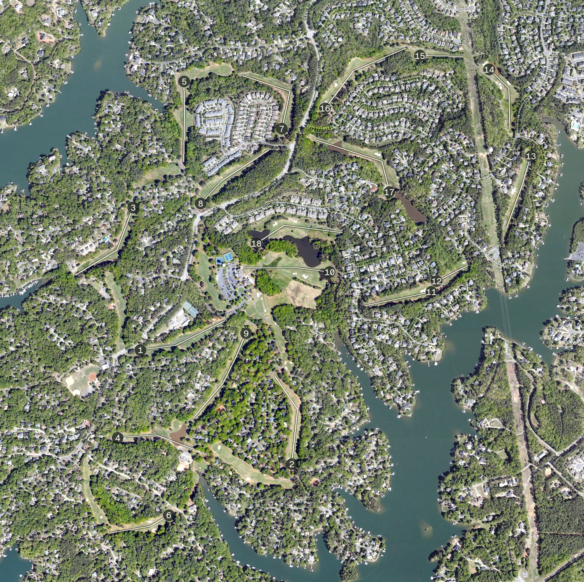 Aerial view of Tega Cay Golf Club, SC, with its hole routing marked
