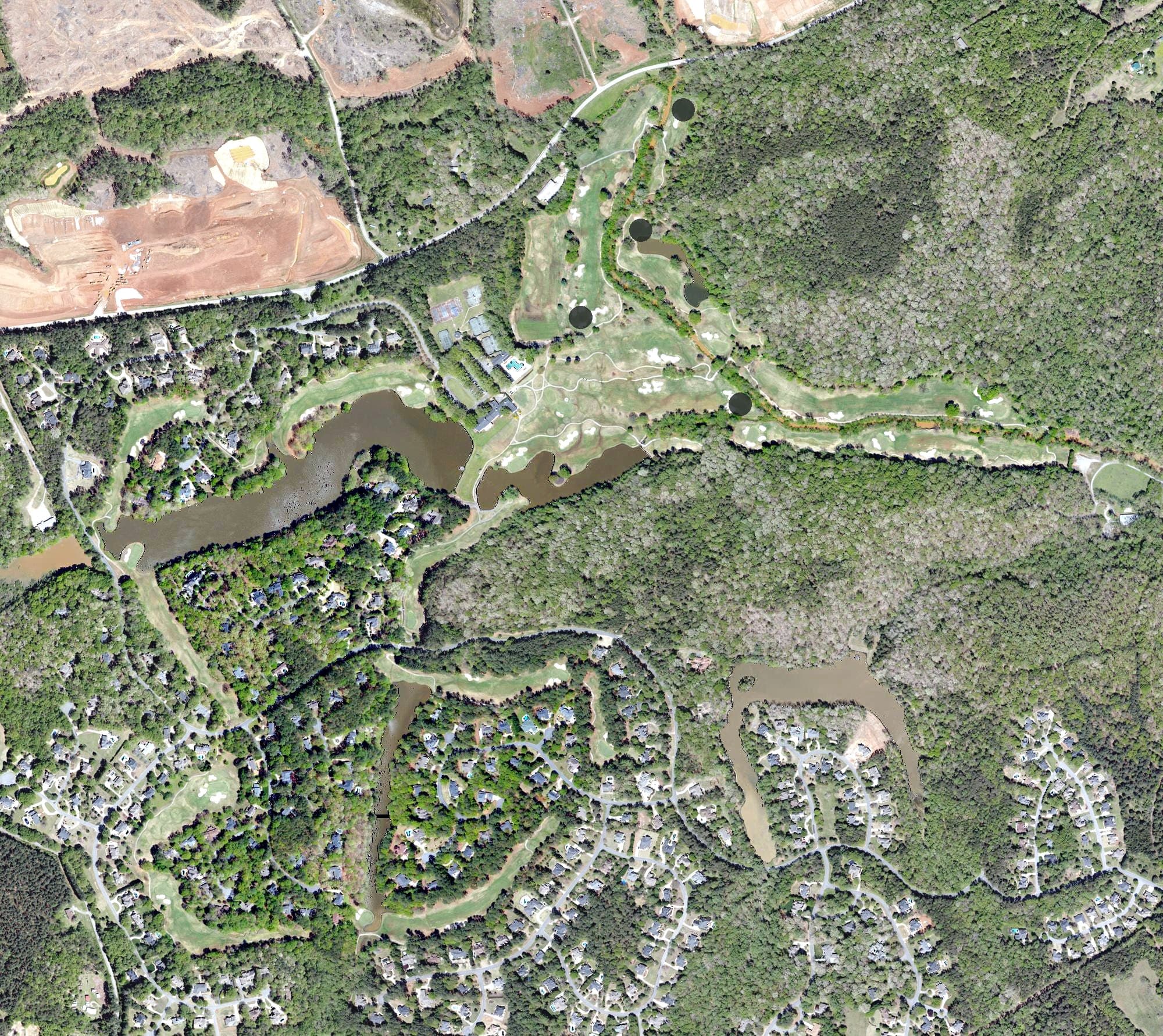 Aerial view of The Carolina Country Club, SC, with its hole routing marked