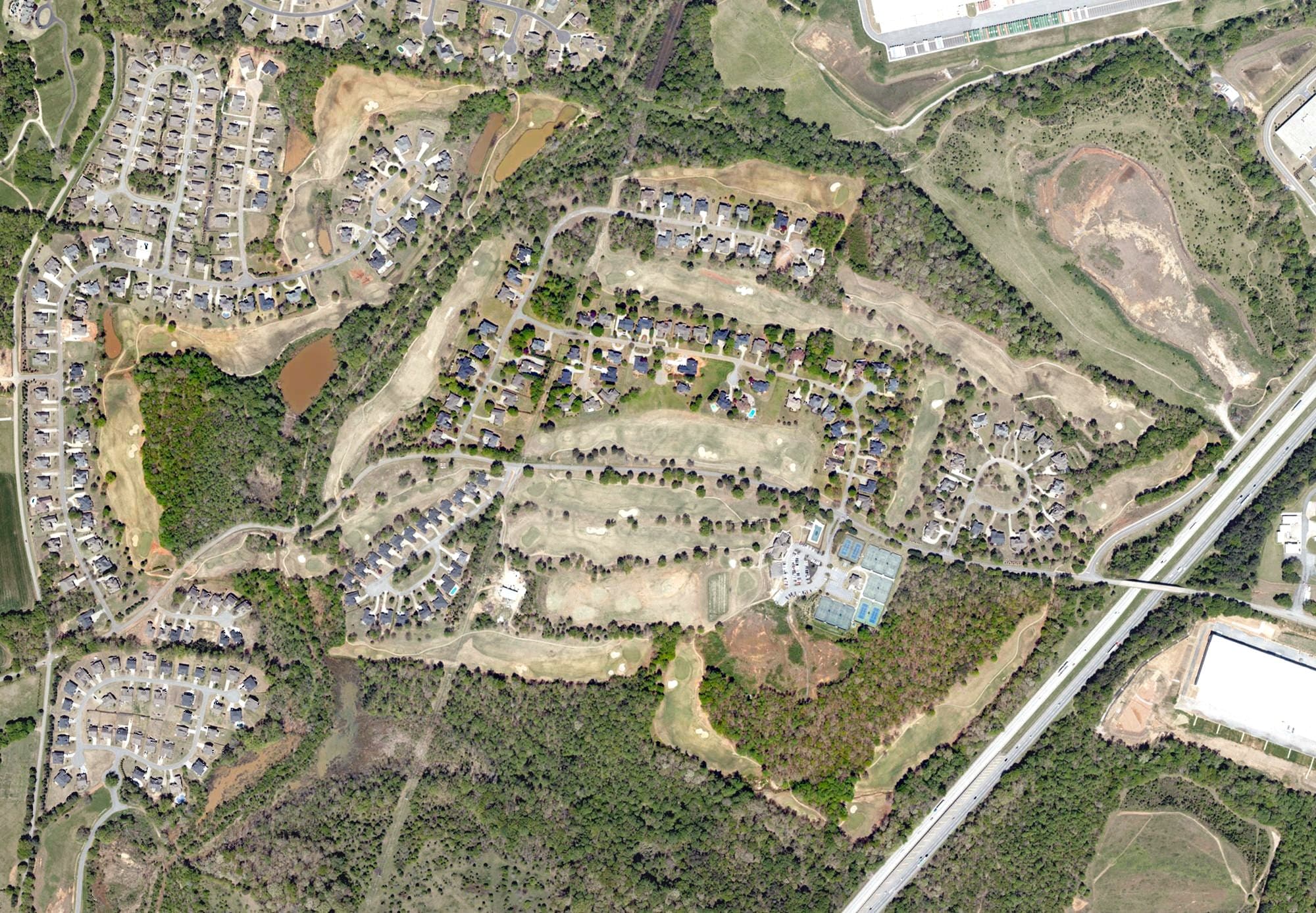 Aerial view of The Club at Brookstone, SC, with its hole routing marked