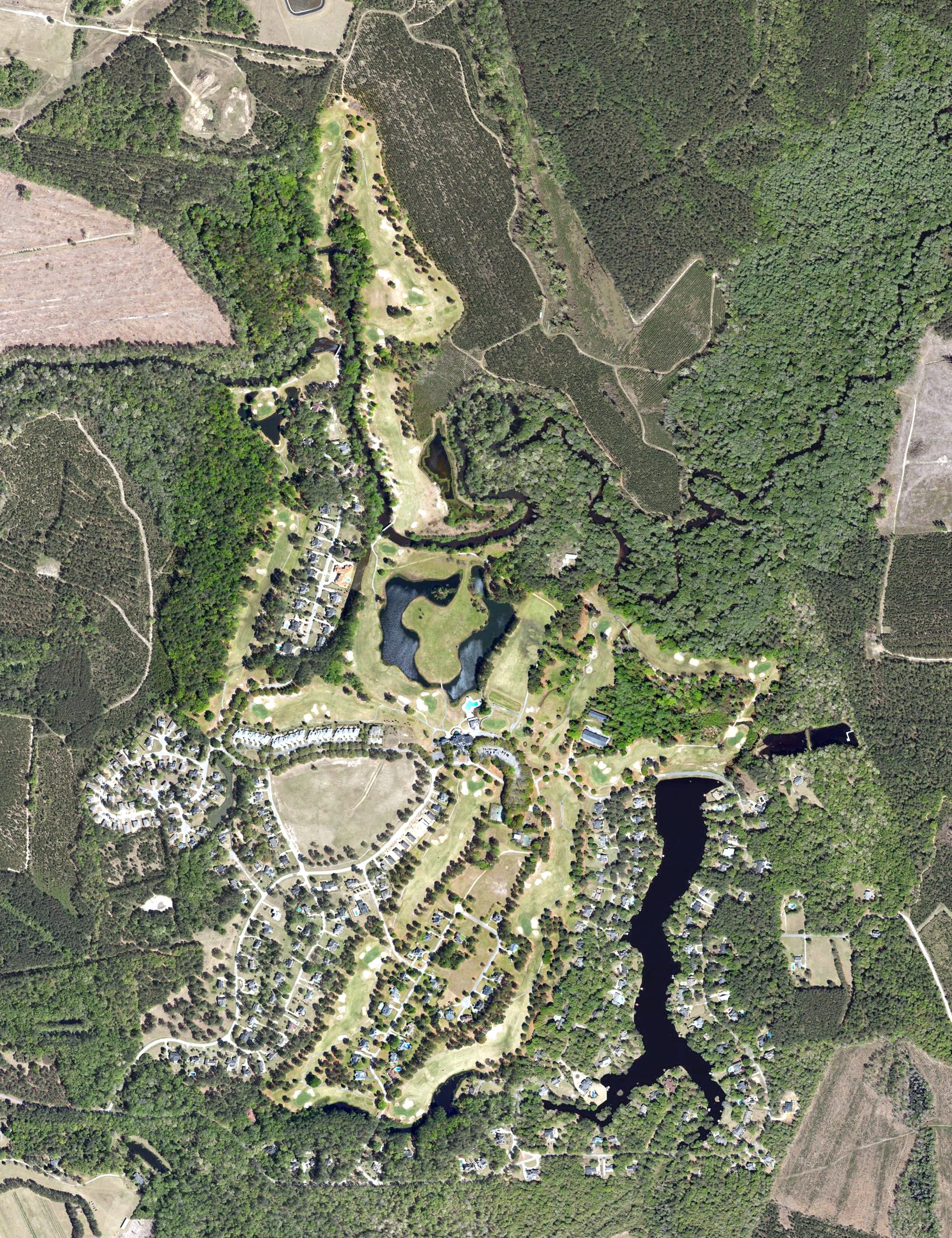 Aerial view of The Country Club of South Carolina, SC, with its hole routing marked