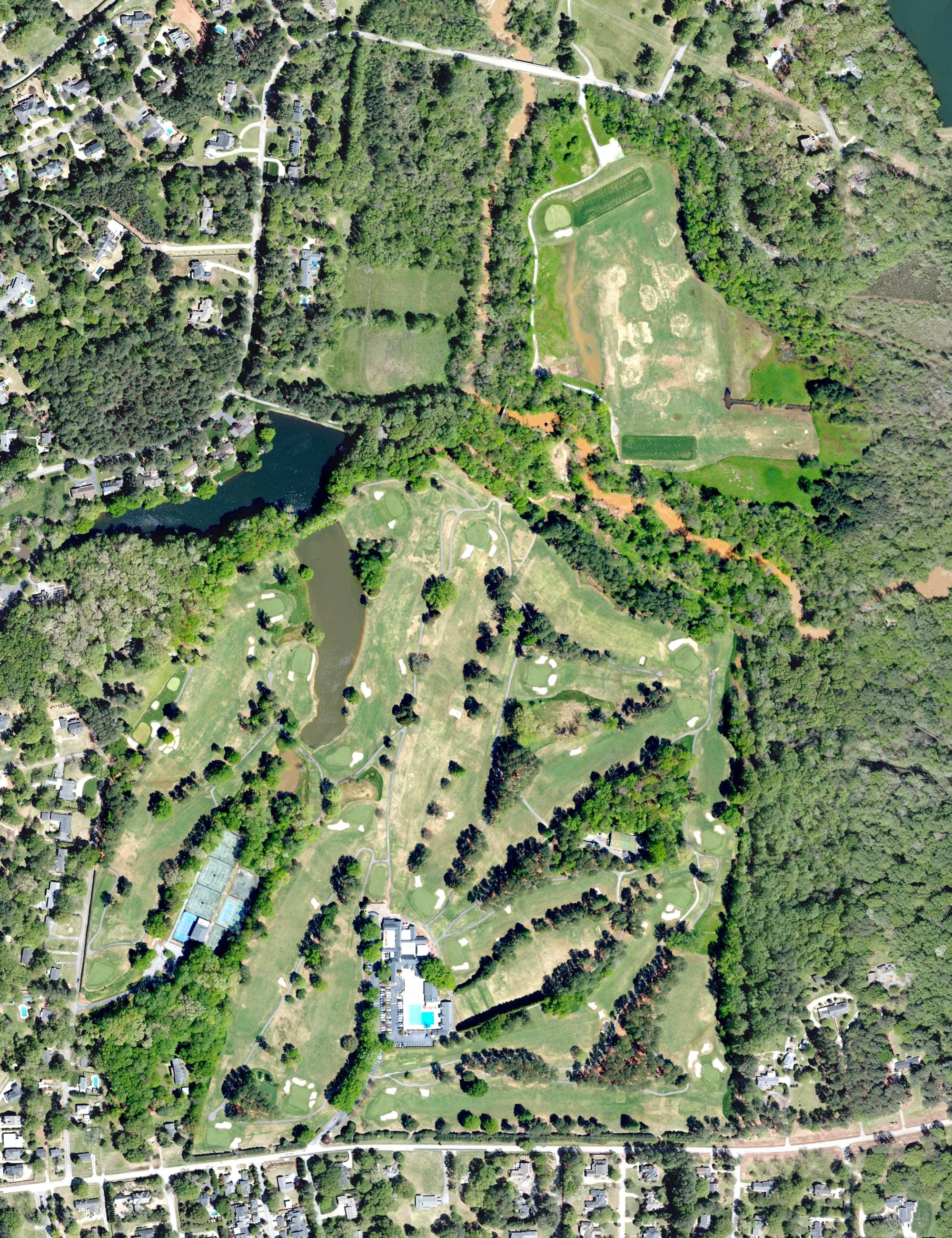 Aerial view of The Country Club of Spartanburg, SC, with its hole routing marked