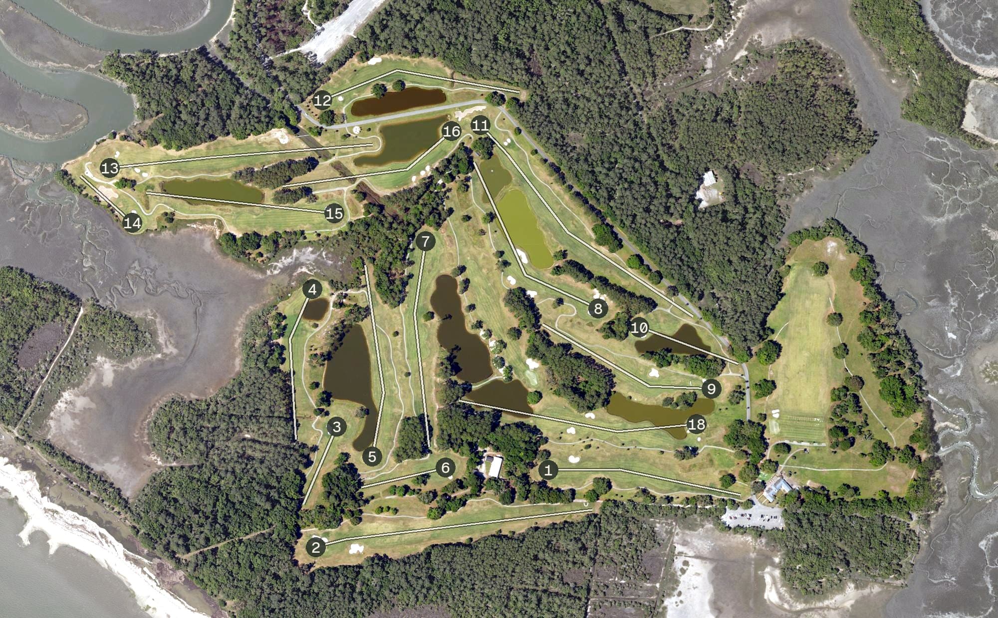 Aerial view of The Legends Golf Course, SC, with its hole routing marked