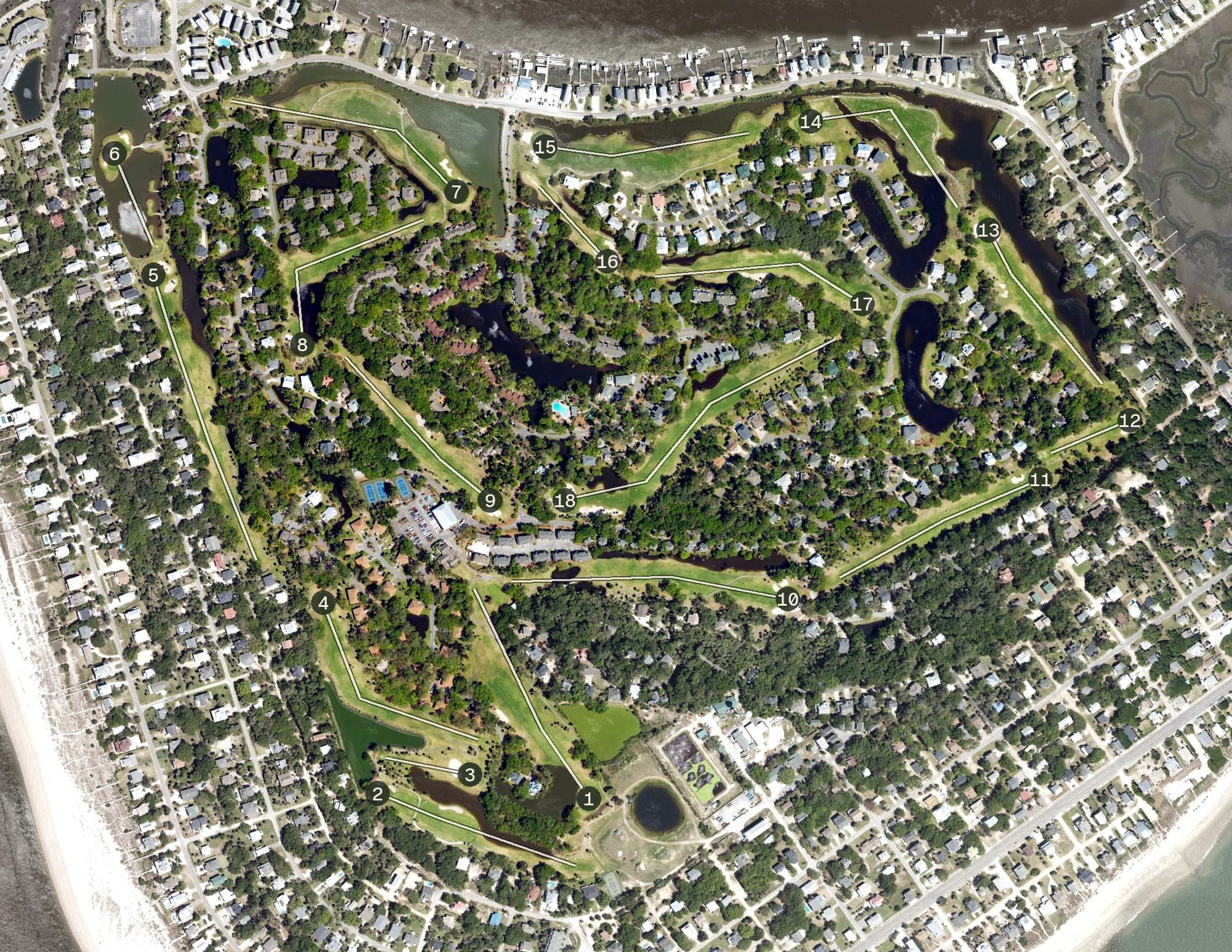 Aerial view of The Plantation Course at Edisto Beach, SC, with its hole routing marked