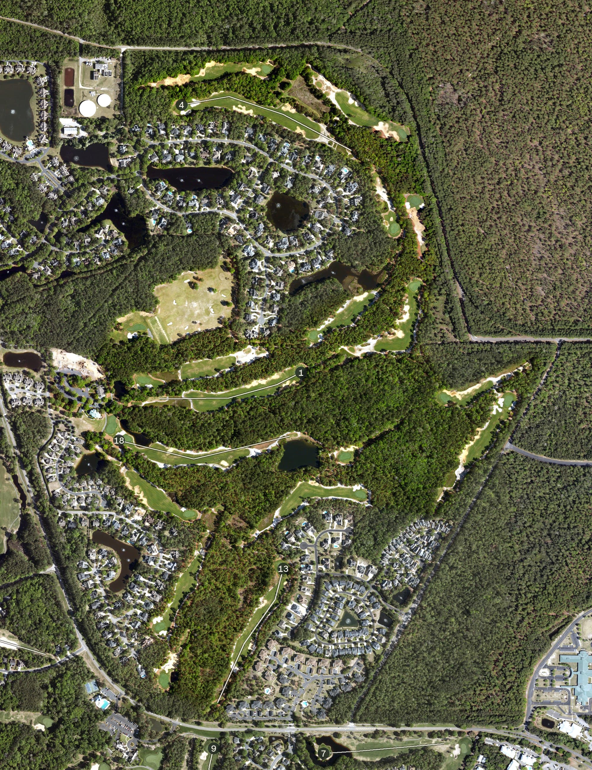 Aerial view of The Reserve Golf Club, SC, with its hole routing marked