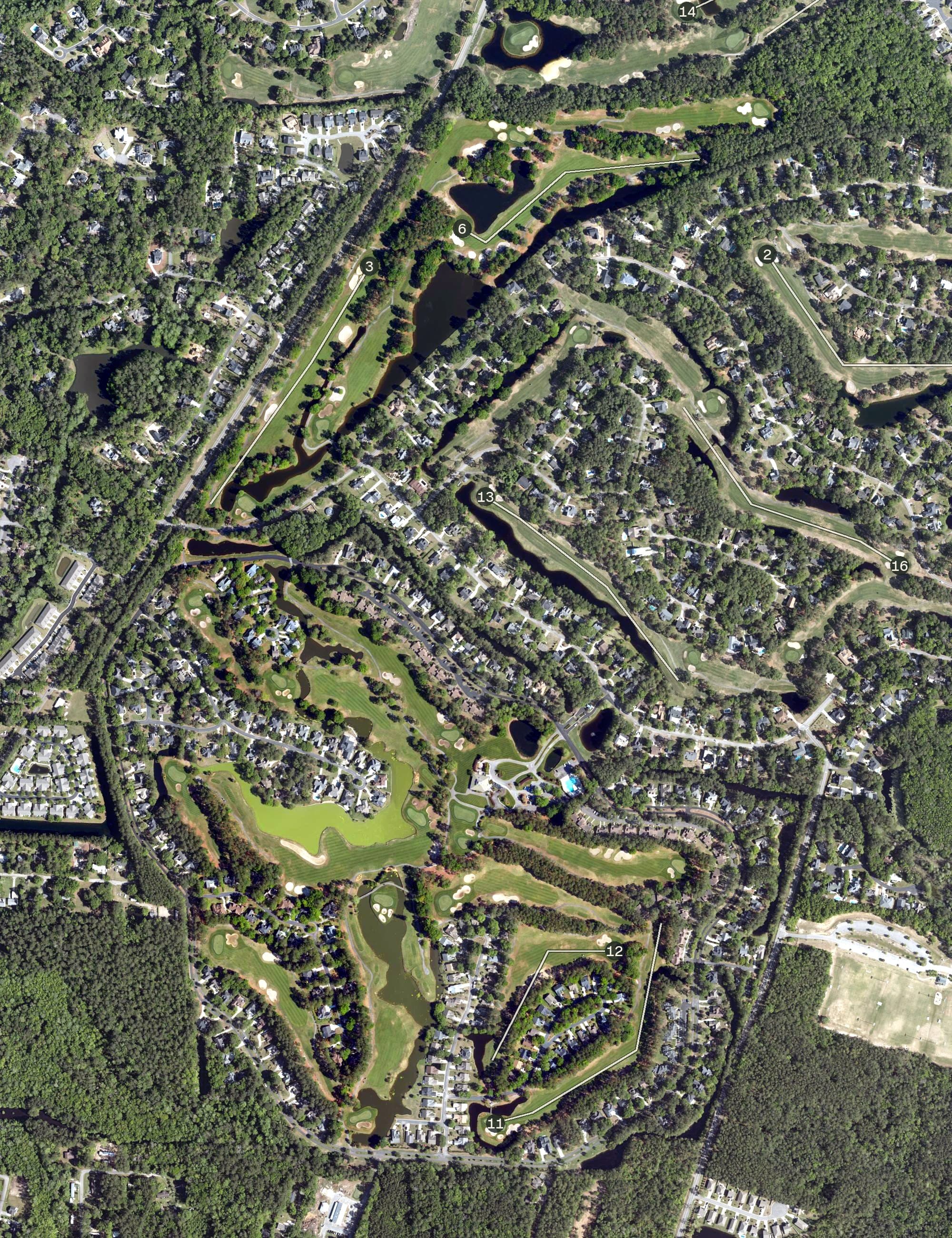 Aerial view of The River Club, SC, with its hole routing marked