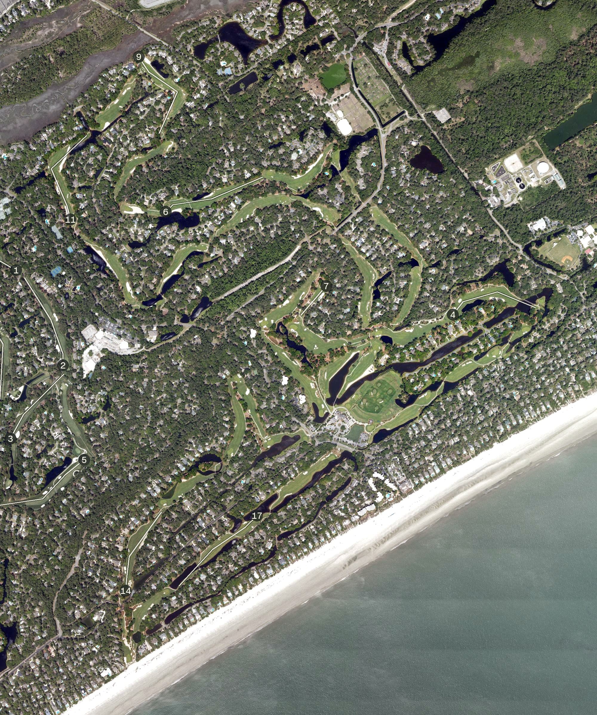 Aerial view of The Sea Pines Resort, SC, with its hole routing marked