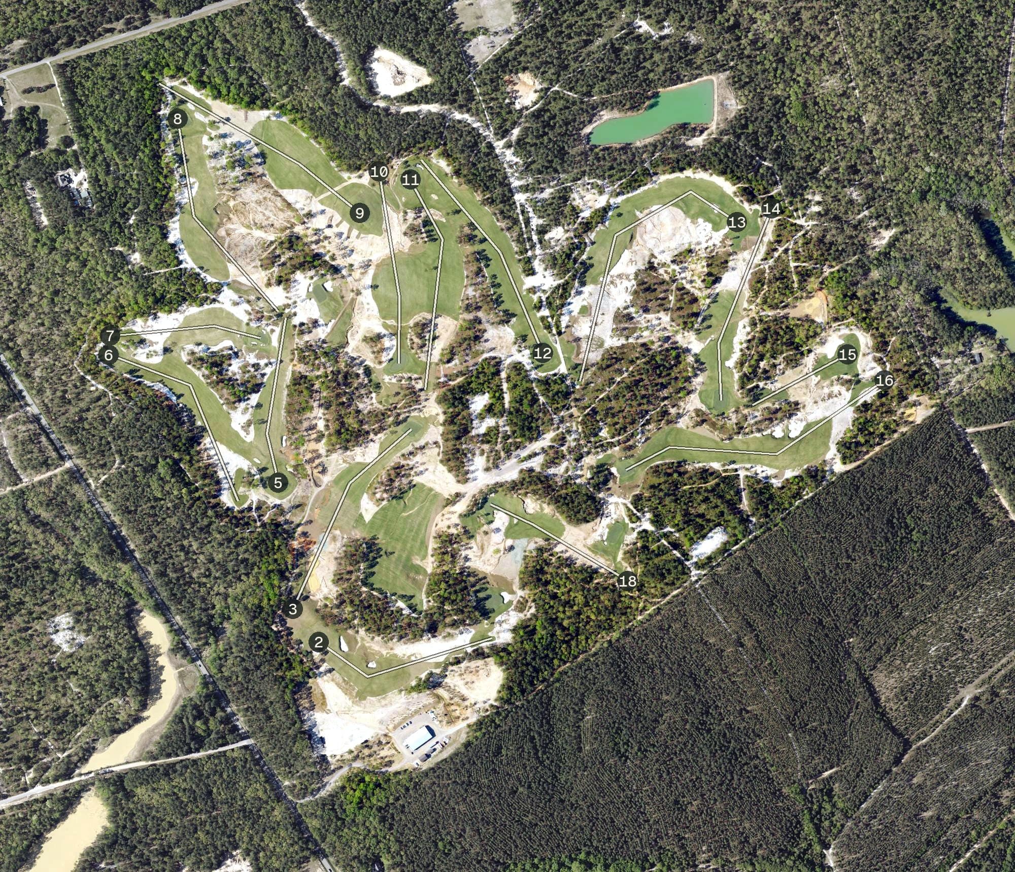 Aerial view of The Tree Farm, SC, with its hole routing marked