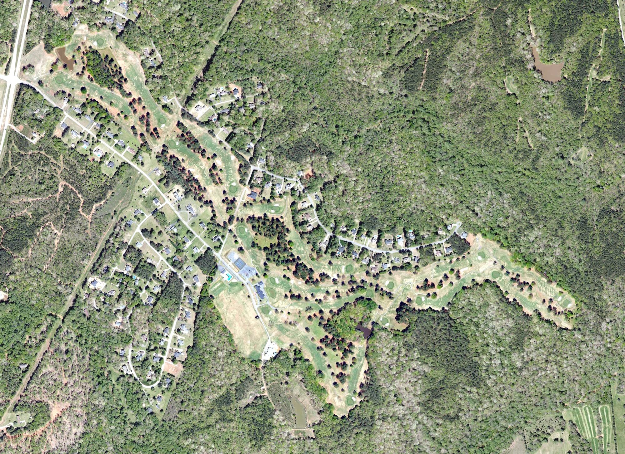 Aerial view of Three Pines Country Club, SC, with its hole routing marked