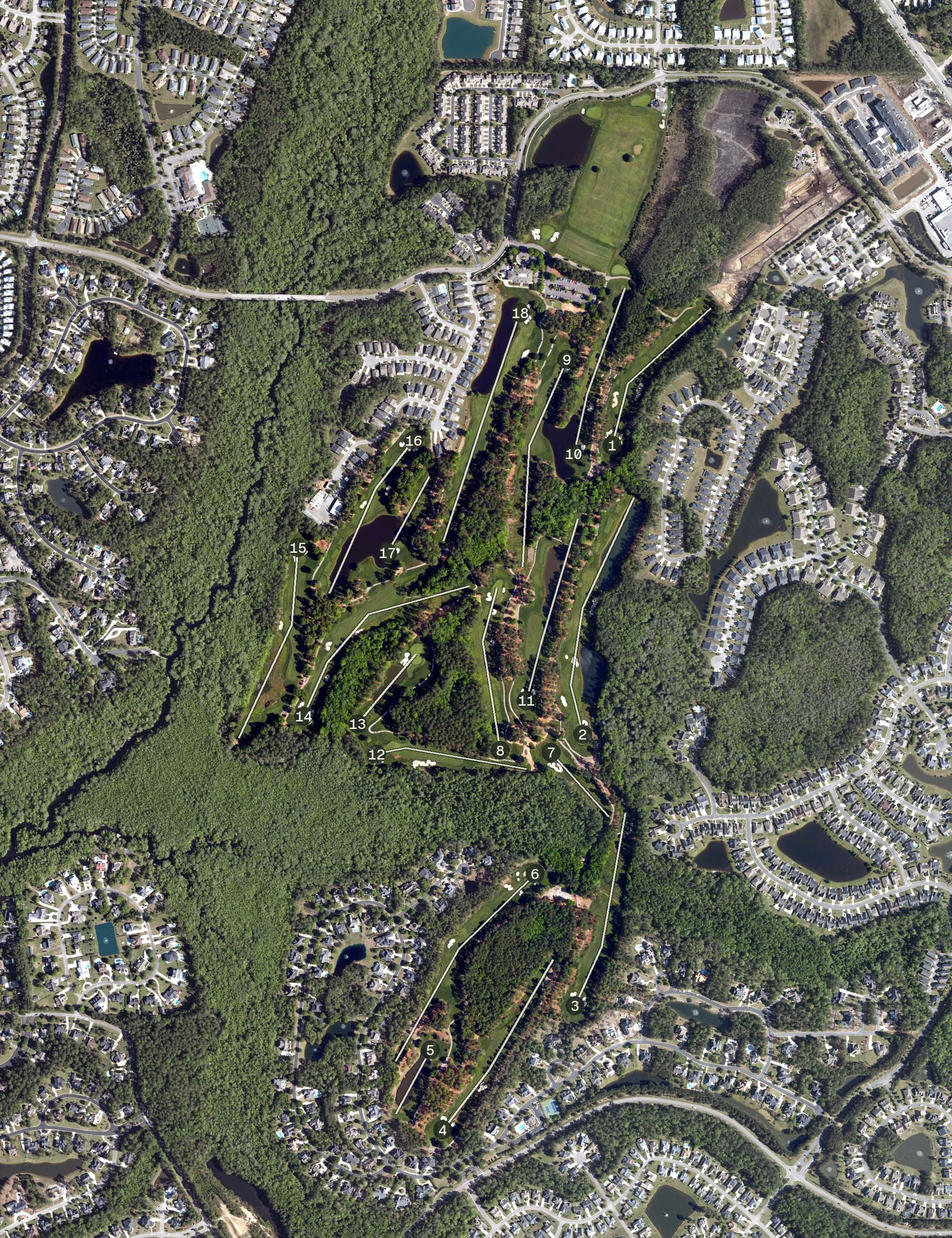 Aerial view of TPC of Myrtle Beach, SC, with its hole routing marked