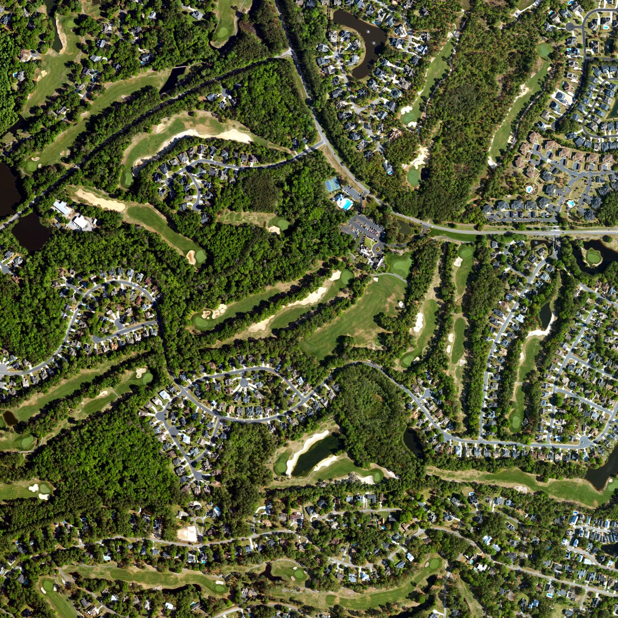 Aerial view of Tradition Golf Club, SC, with its hole routing marked
