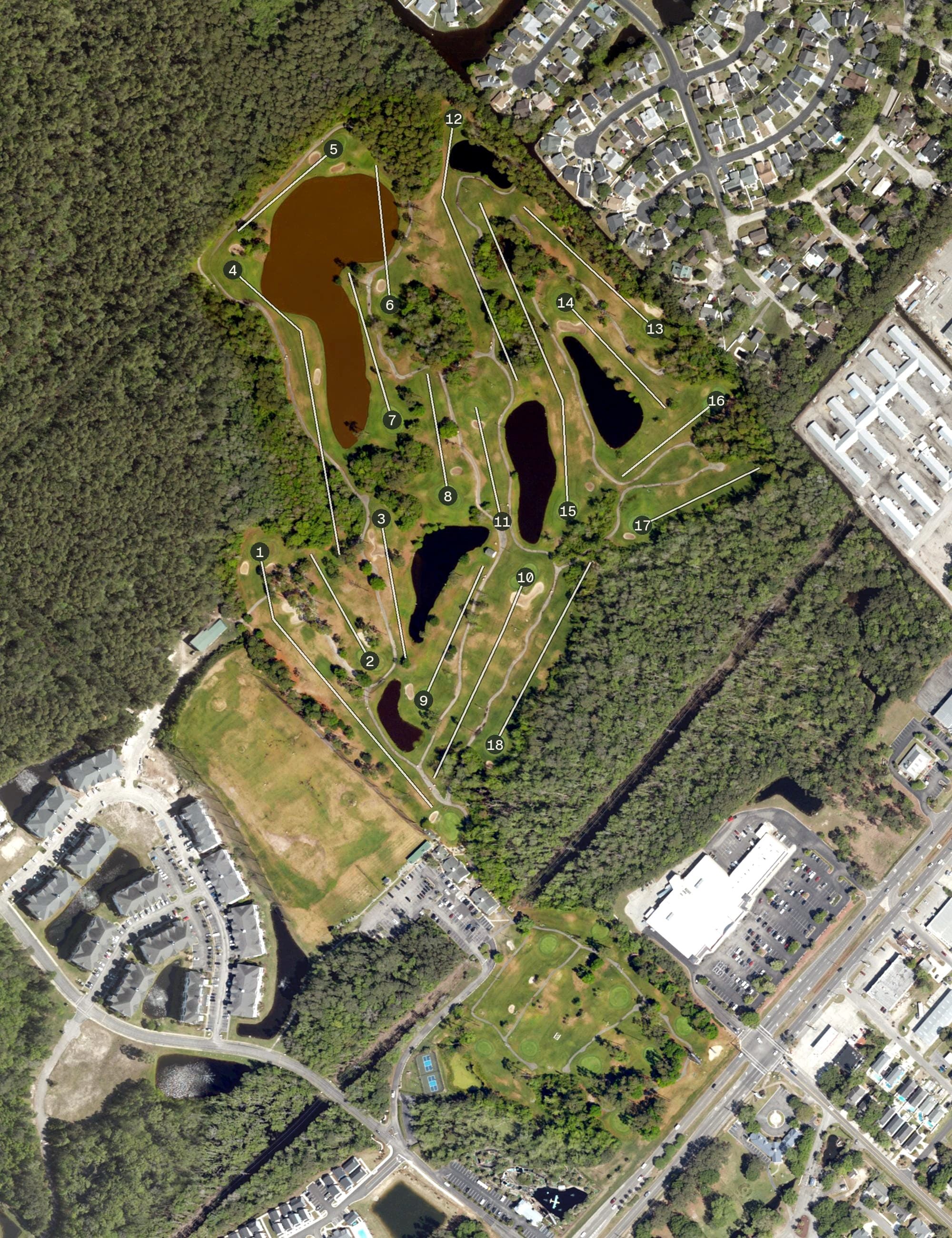 Aerial view of Tupelo Bay, SC, with its hole routing marked