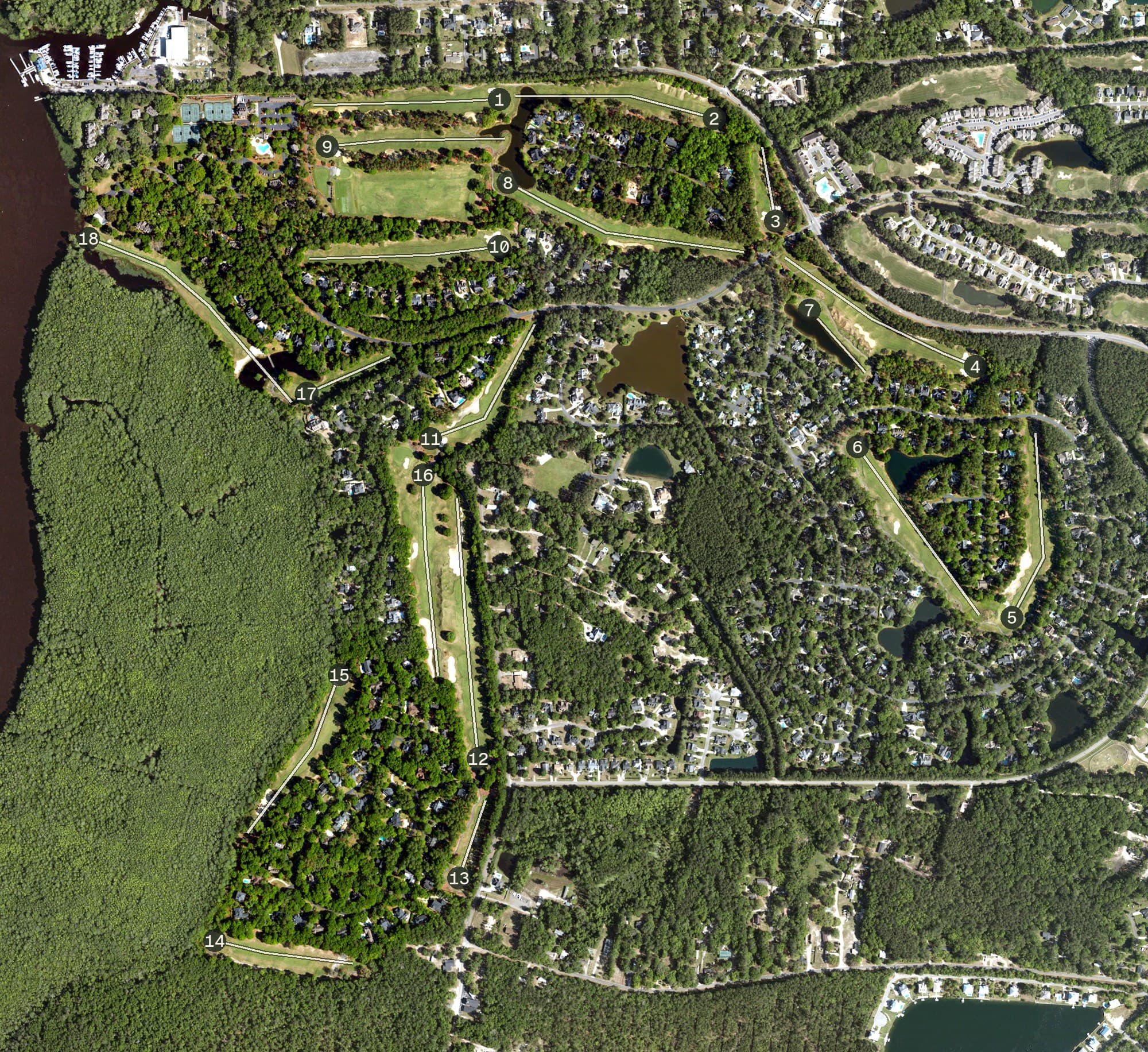 Aerial view of Wachesaw Plantation Club, SC, with its hole routing marked