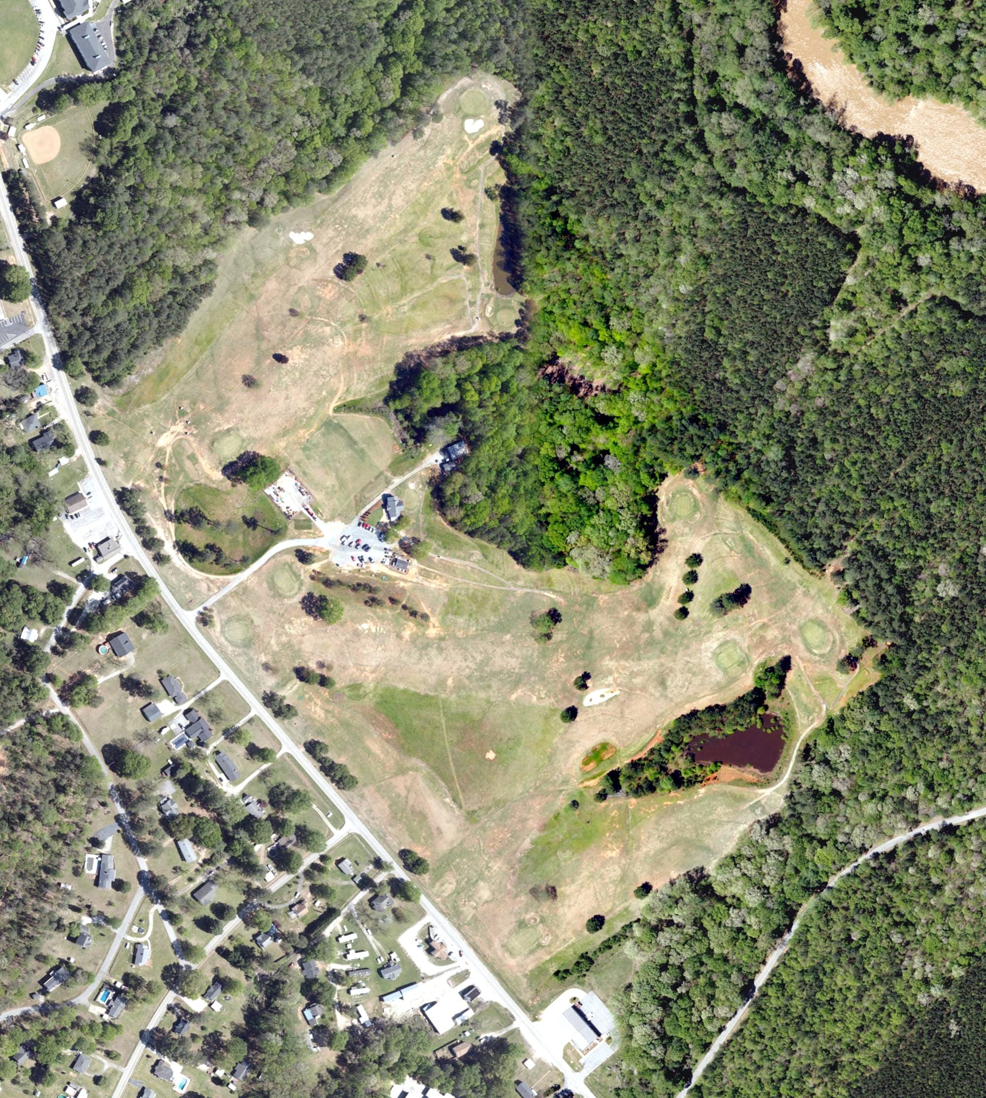 Aerial view of Ware Shoals Golf Course, SC, with its hole routing marked