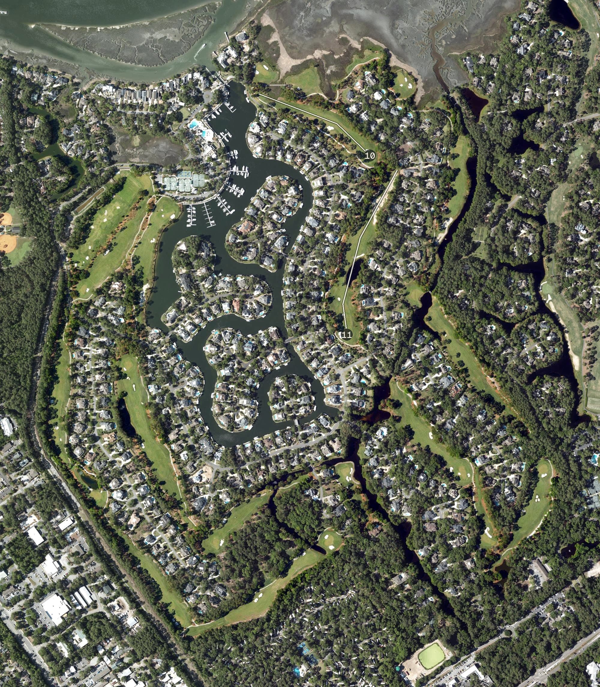 Aerial view of Wexford Golf Club, SC, with its hole routing marked