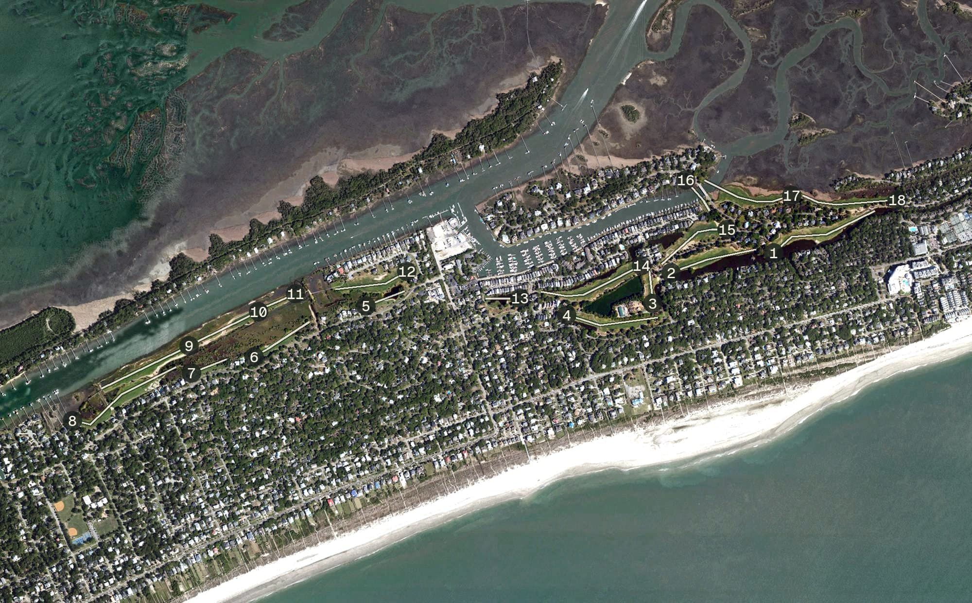Aerial view of Wild Dunes - Harbor Course, SC, with its hole routing marked