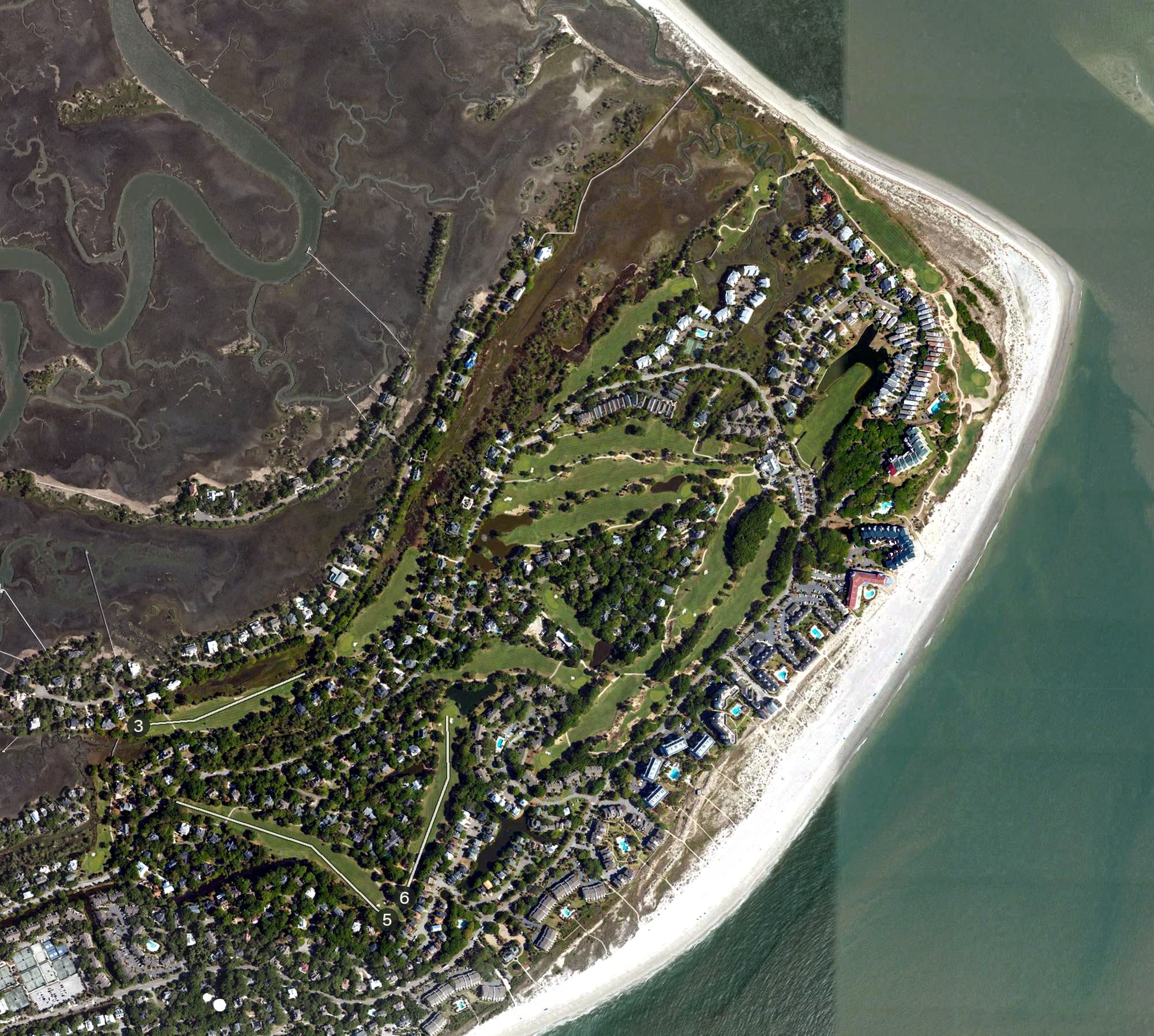 Aerial view of Wild Dunes - Links Course, SC, with its hole routing marked