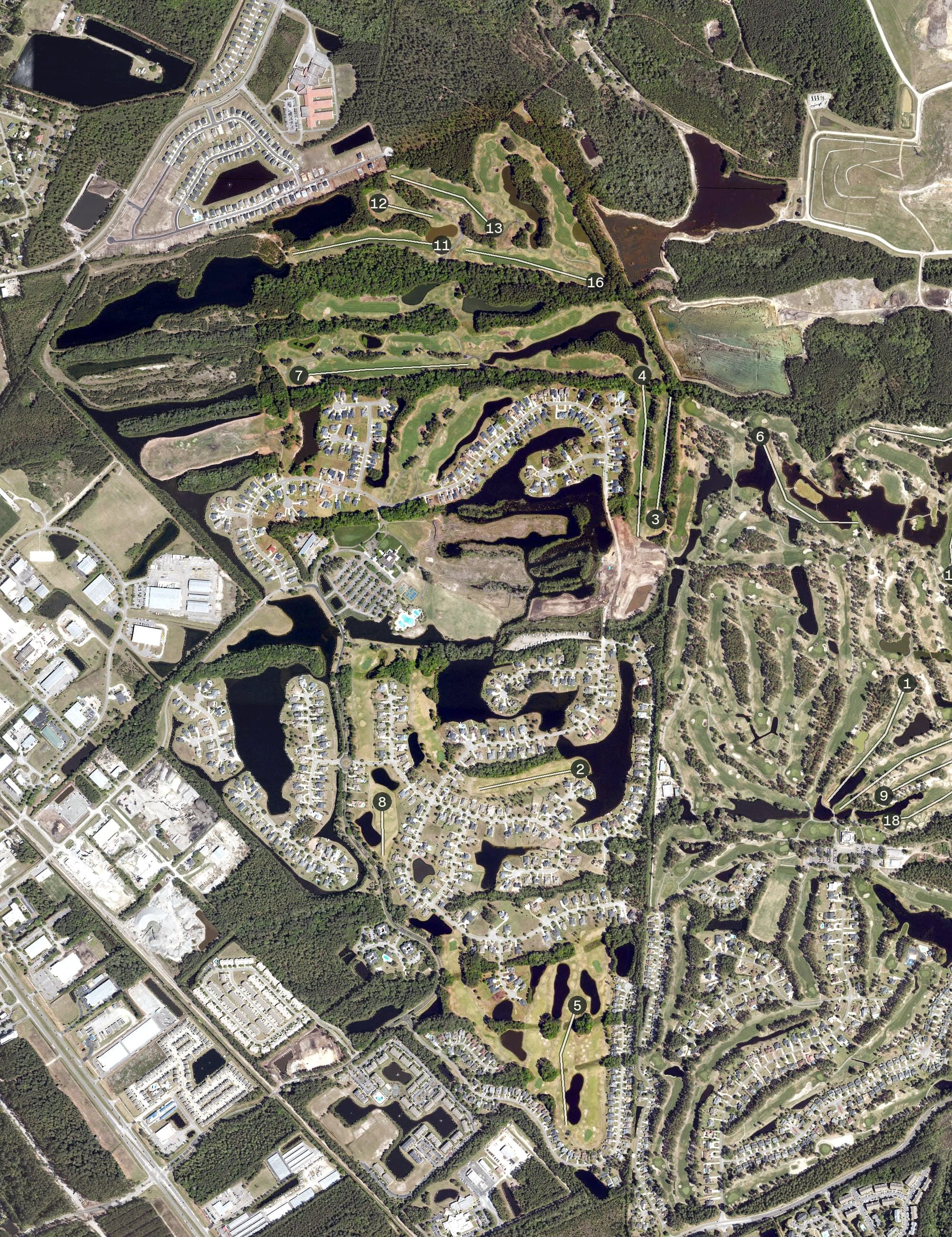 Aerial view of Wild Wing Golf Course, SC, with its hole routing marked