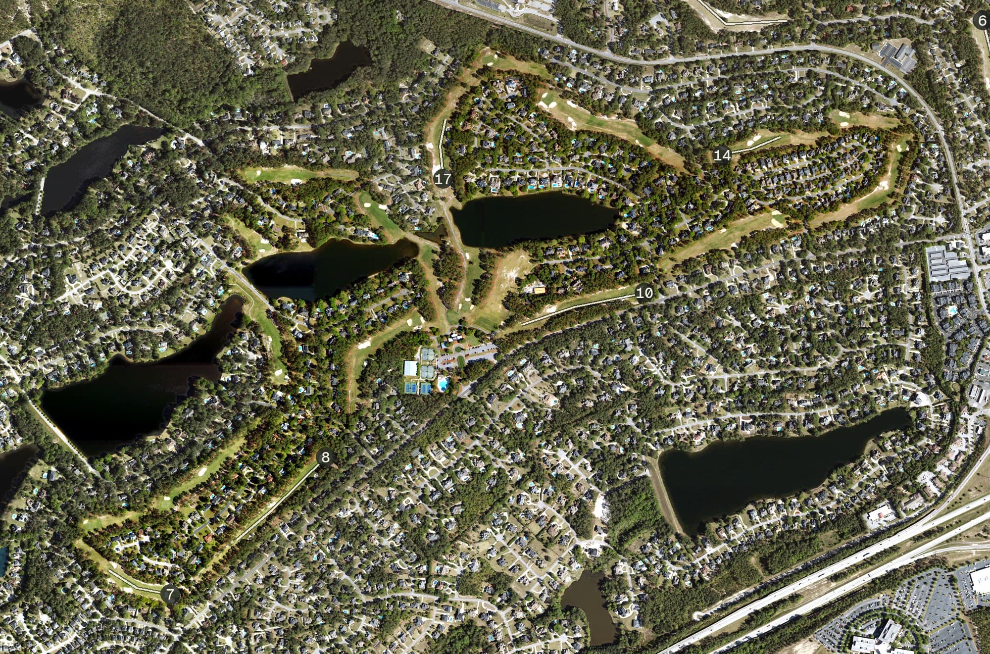 Aerial view of WildeWood, SC, with its hole routing marked