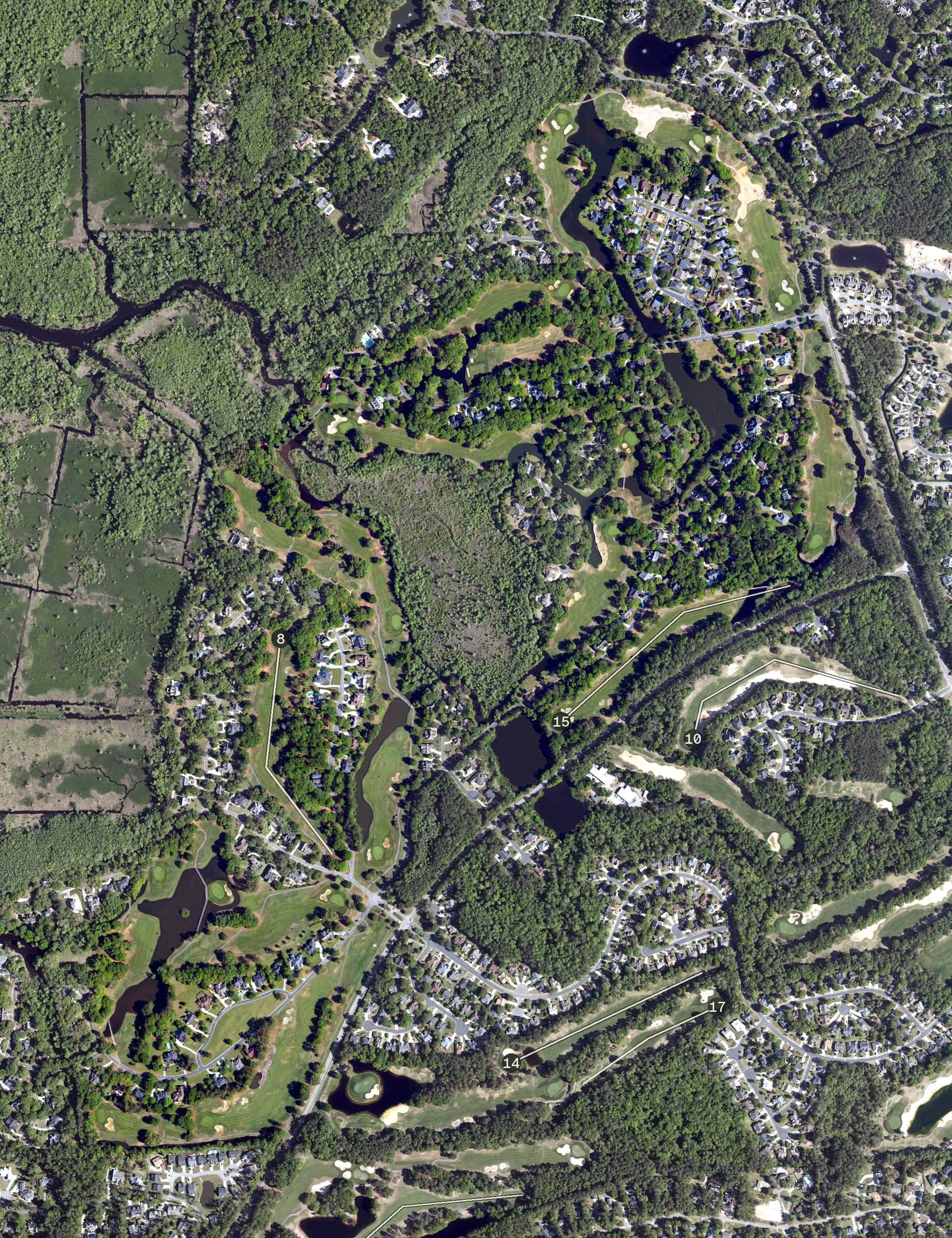 Aerial view of Willbrook Plantation, SC, with its hole routing marked