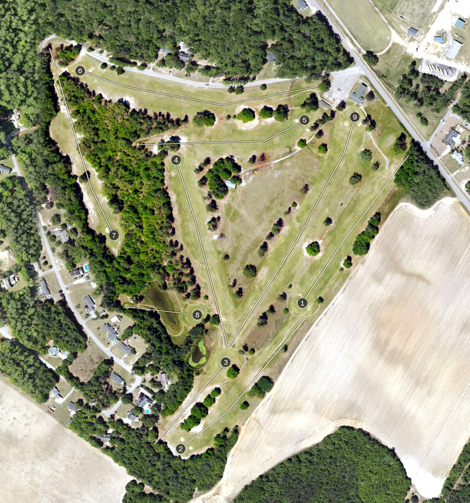 Aerial view of Williston Country Club Golf Course, SC, with its hole routing marked