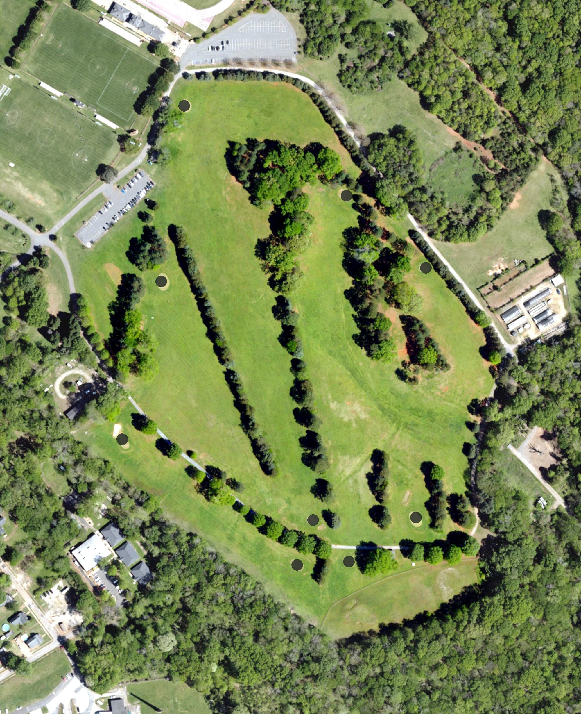 Aerial view of Winthrop University Golf Course, SC, with its hole routing marked