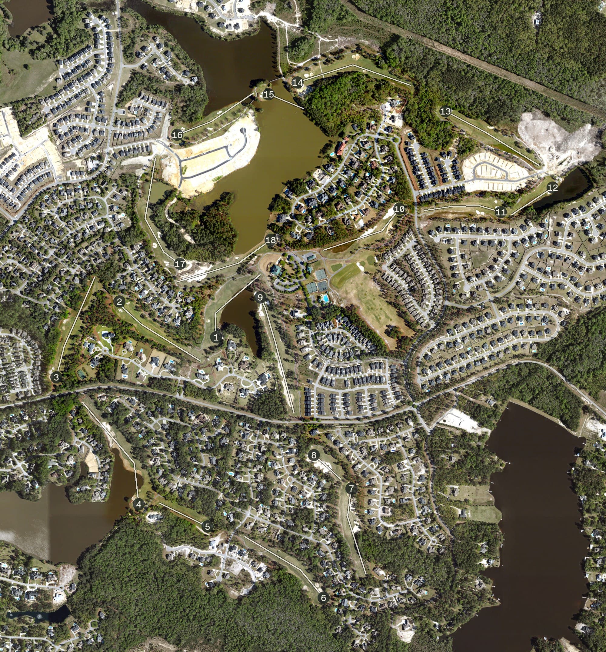 Aerial view of Woodcreek, SC, with its hole routing marked