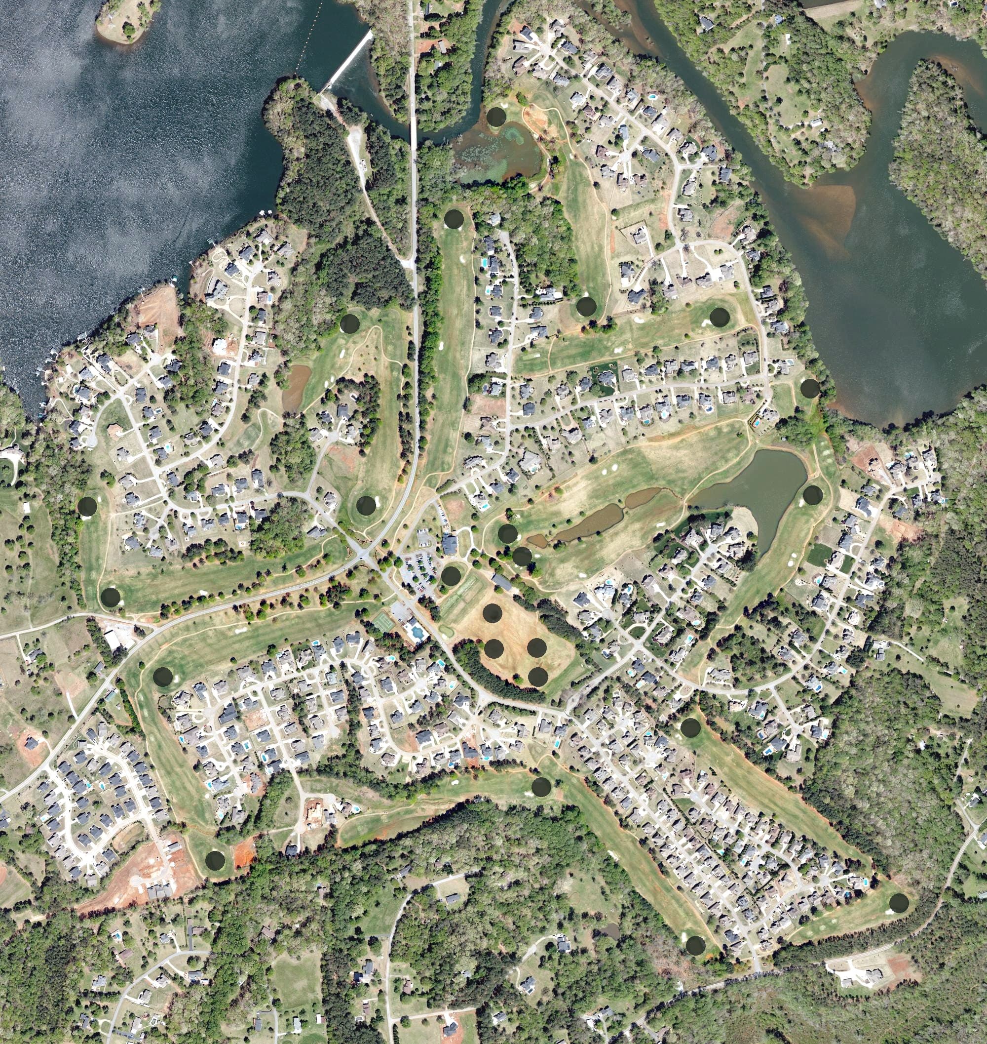 Aerial view of Woodfin Ridge Golf Club, SC, with its hole routing marked