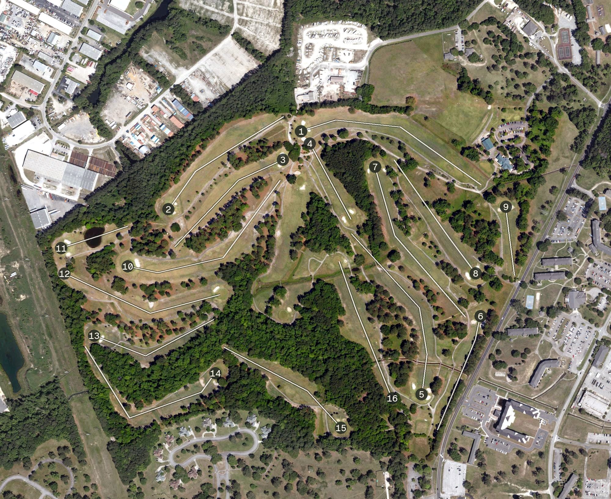Aerial view of Wrenwoods Golf Course, SC, with its hole routing marked