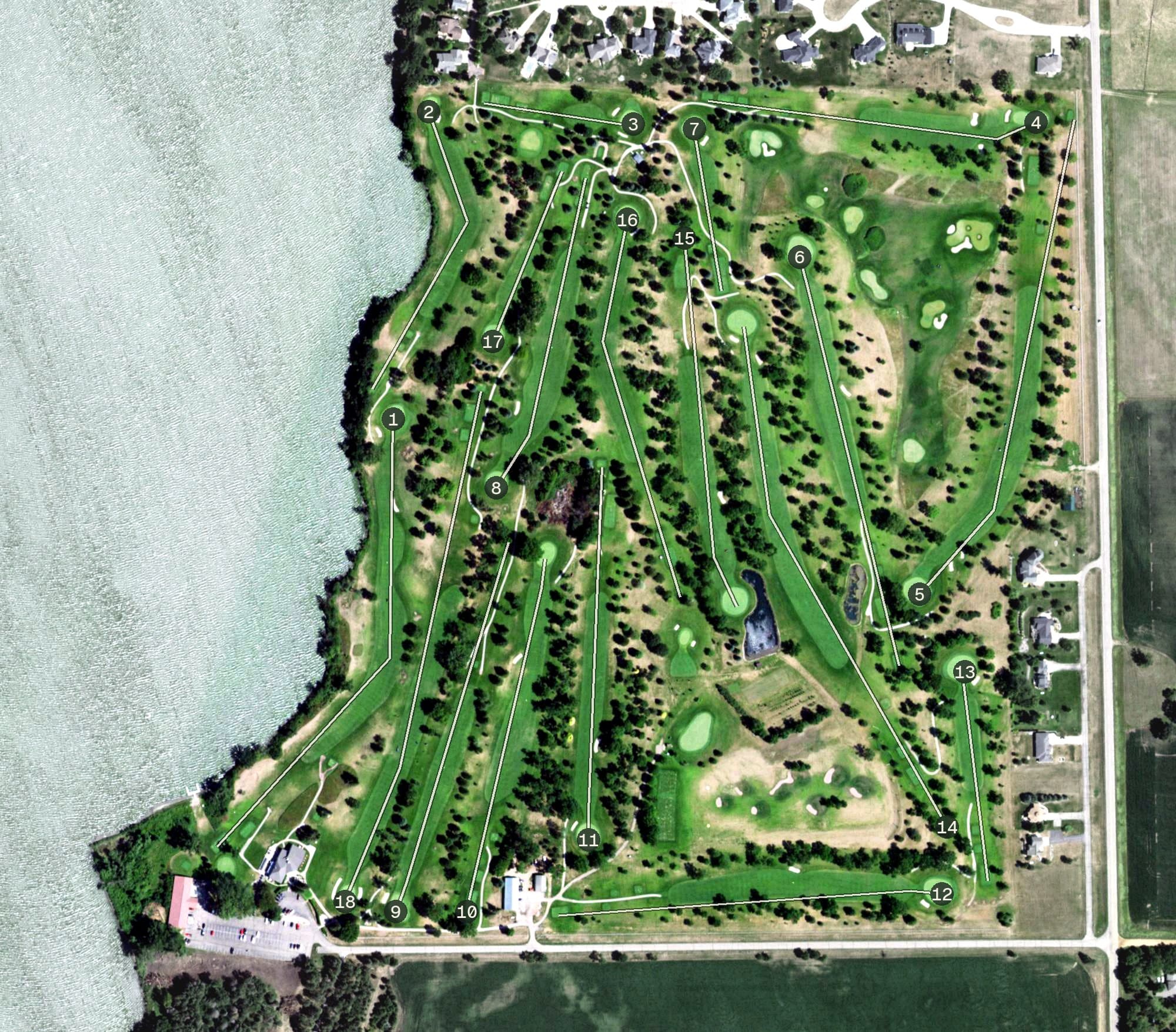 Aerial view of Brookings Country Club, SD, with its hole routing marked