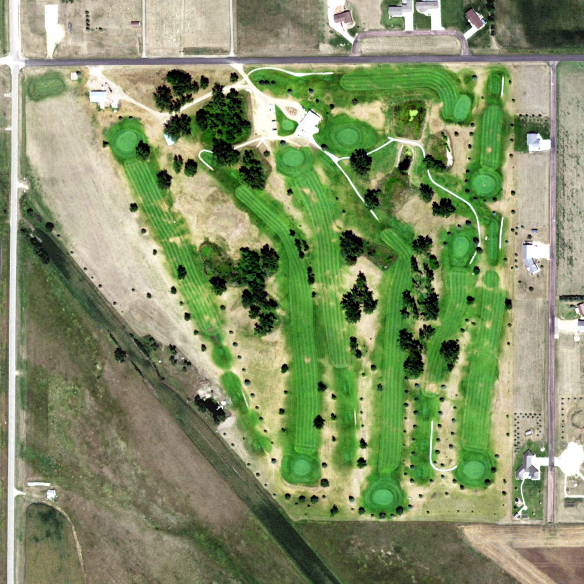 Aerial view of Castlewood Golf Course, SD, with its hole routing marked