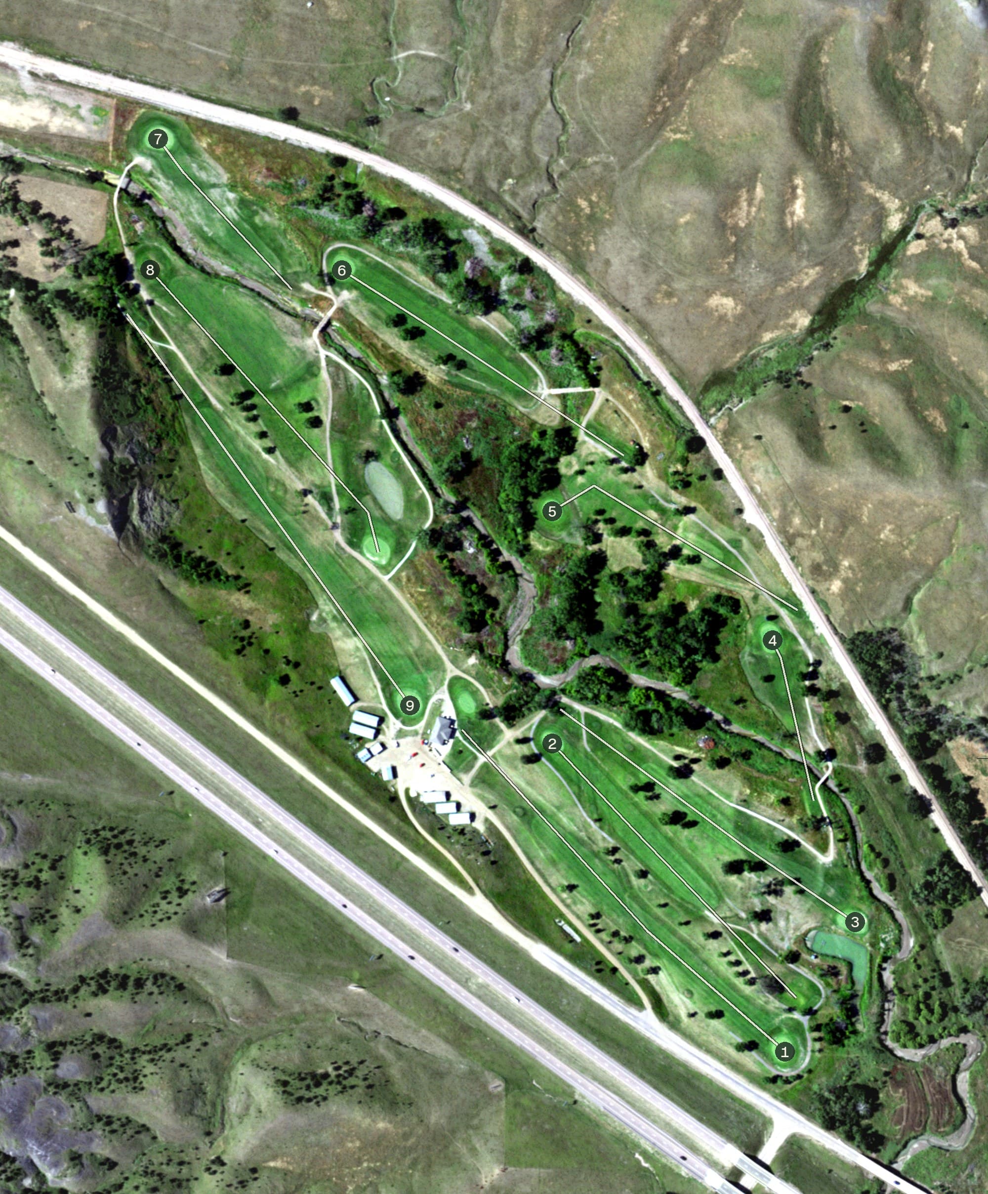 Aerial view of Chamberlain Country Club, SD, with its hole routing marked