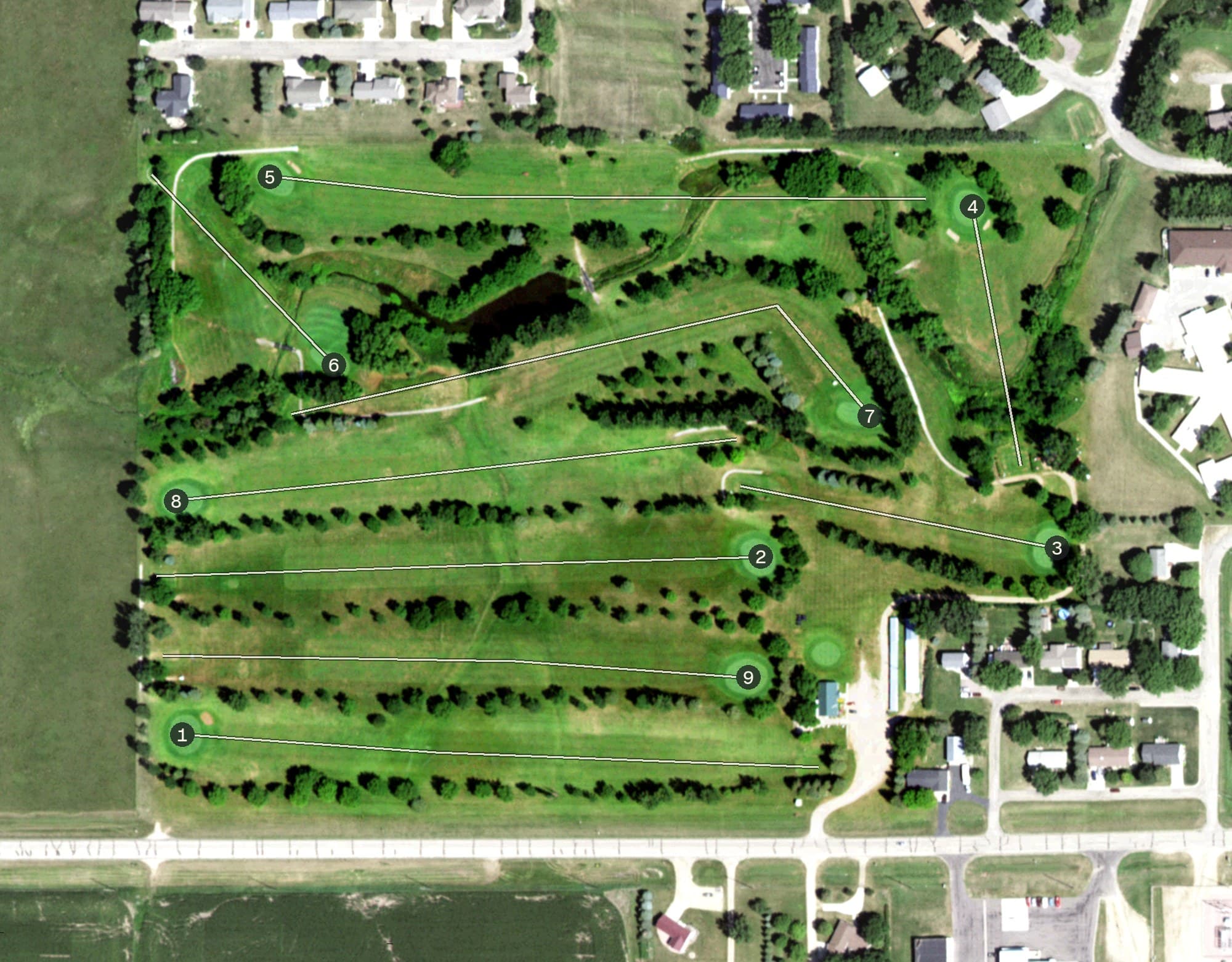 Aerial view of Clear Lake Golf Club, SD, with its hole routing marked