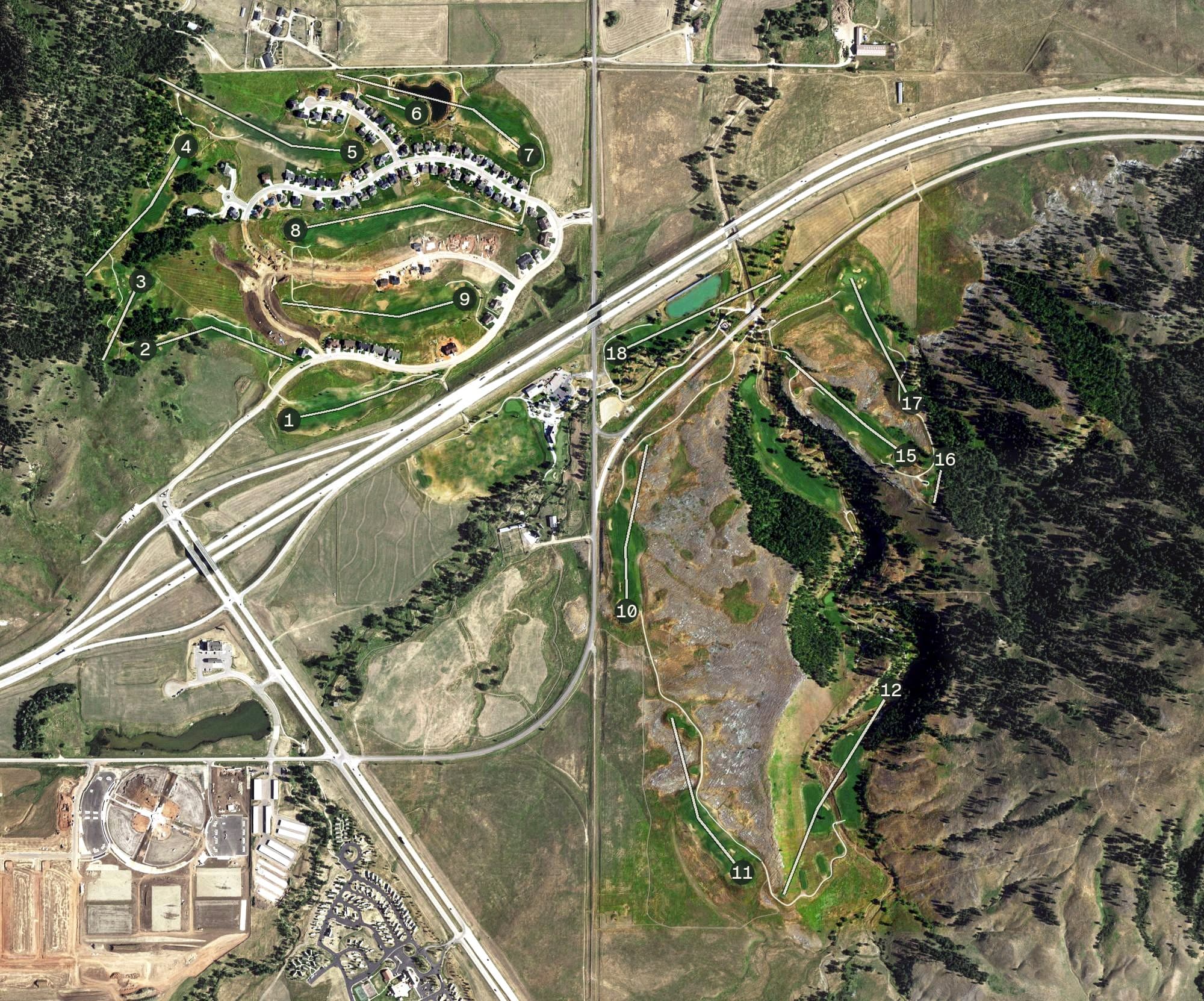 Aerial view of Elkhorn Ridge Golf Club, SD, with its hole routing marked