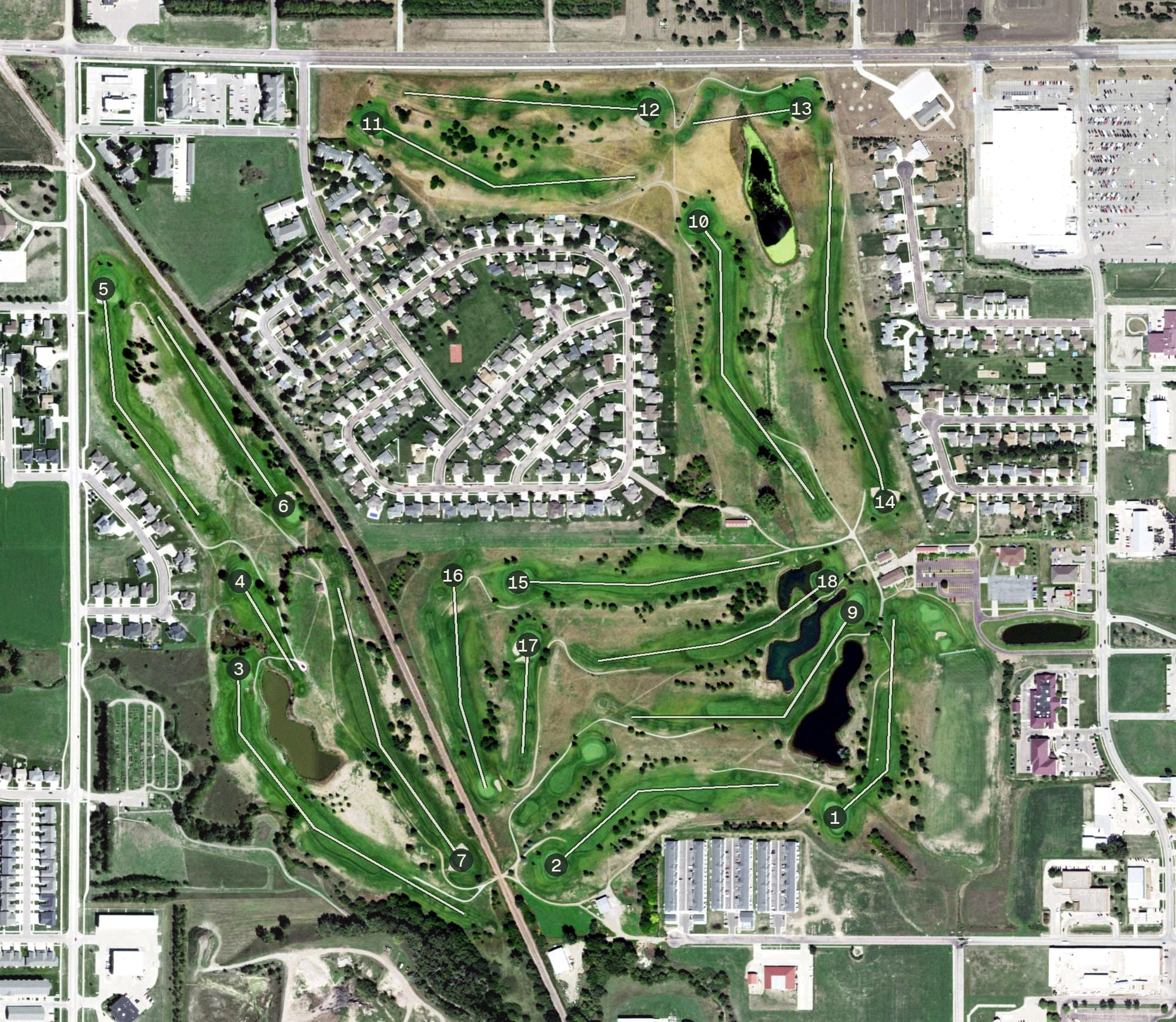 Aerial view of Fox Run Golf Course, SD, with its hole routing marked