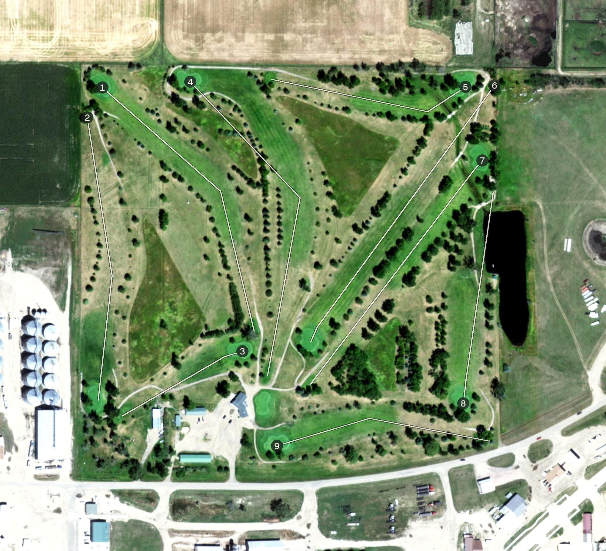Aerial view of Gettysburg Golf Course, SD, with its hole routing marked