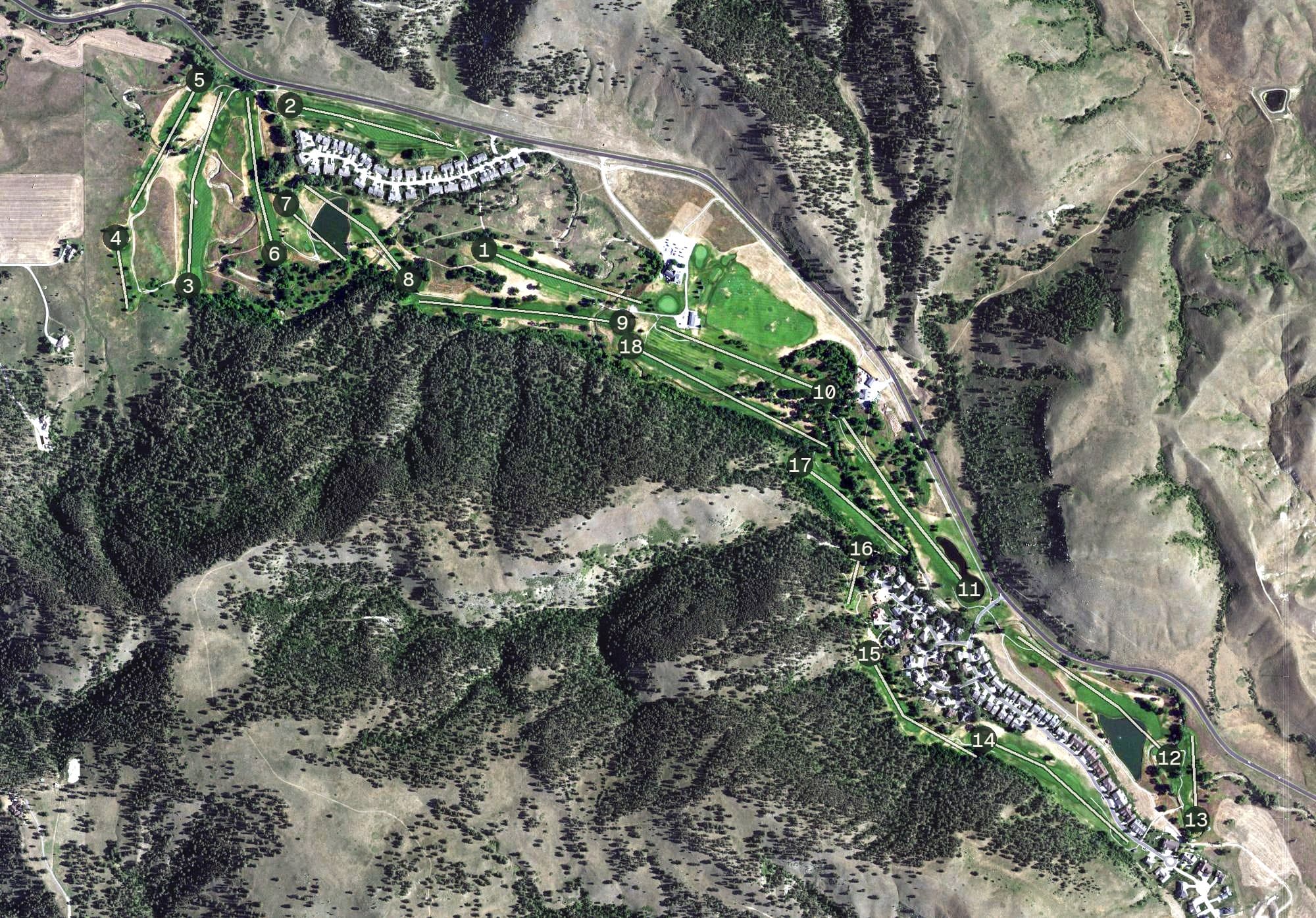 Aerial view of Hart Ranch Golf Club, SD, with its hole routing marked